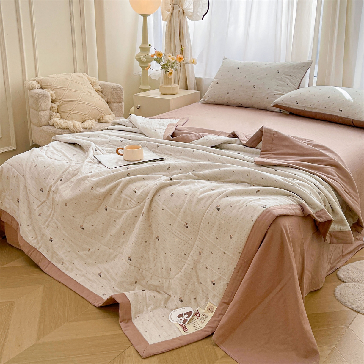 91家纺网 家纺一手货源 找家纺 梵蒂莎 2026新款全棉双层纱夏被四件套100%棉花夏凉被里外纯棉被子被芯（需要买家秀，加微信） 点点微澜