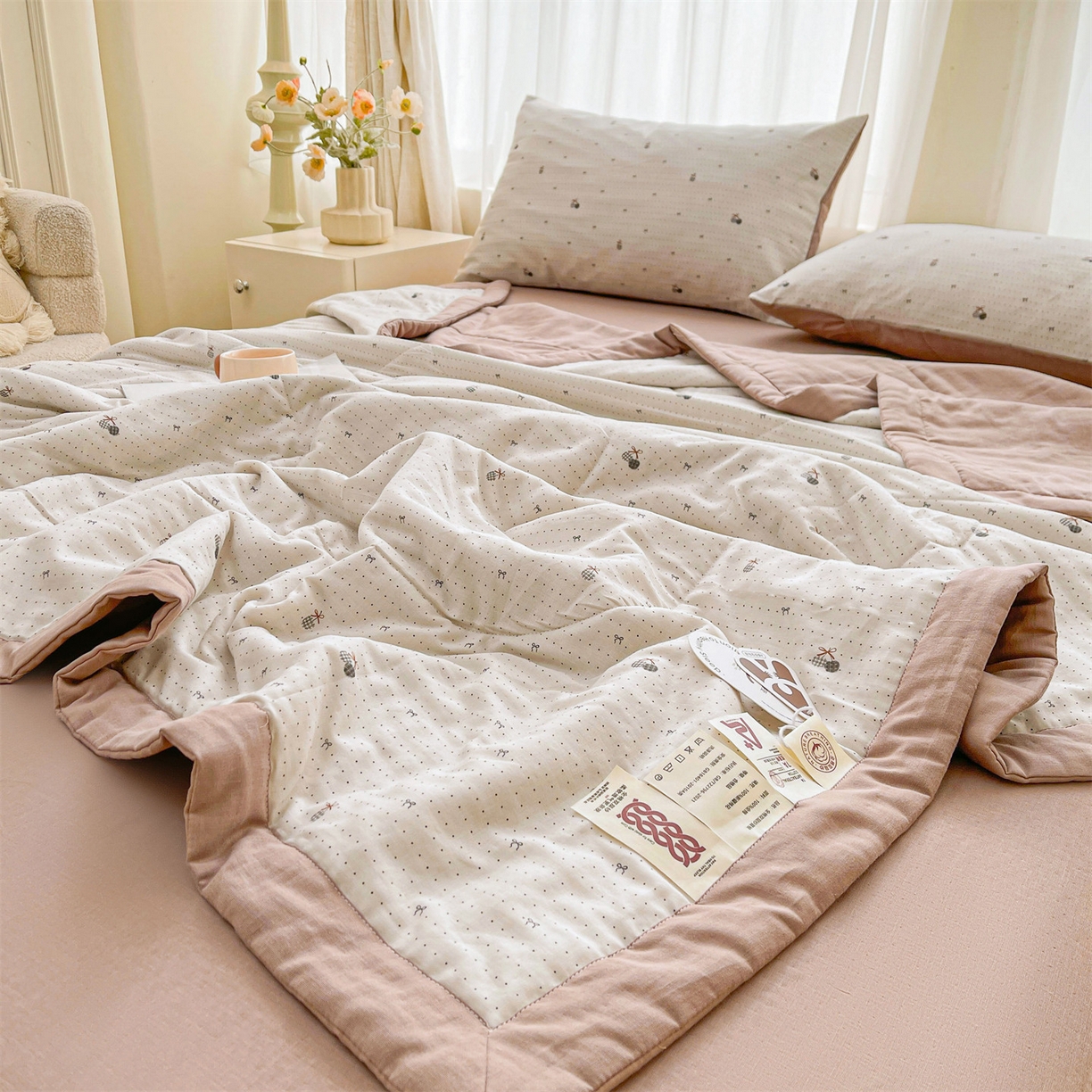 91家纺网 家纺一手货源 找家纺 梵蒂莎 2026新款全棉双层纱夏被四件套100%棉花夏凉被里外纯棉被子被芯（需要买家秀，加微信） 点点微澜