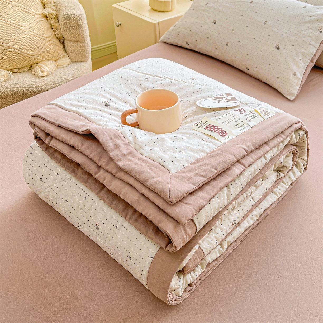 91家纺网 家纺一手货源 找家纺 梵蒂莎 2026新款全棉双层纱夏被四件套100%棉花夏凉被里外纯棉被子被芯（需要买家秀，加微信） 点点微澜