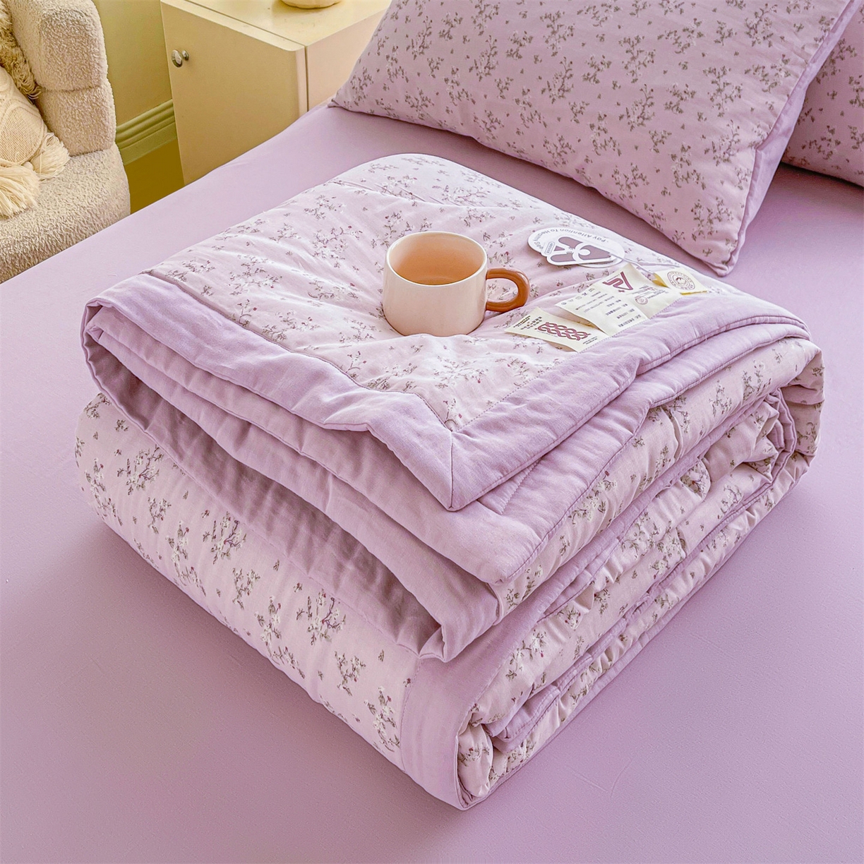 91家纺网 家纺一手货源 找家纺 梵蒂莎 2026新款全棉双层纱夏被四件套100%棉花夏凉被里外纯棉被子被芯（需要买家秀，加微信） 粉枝蔓