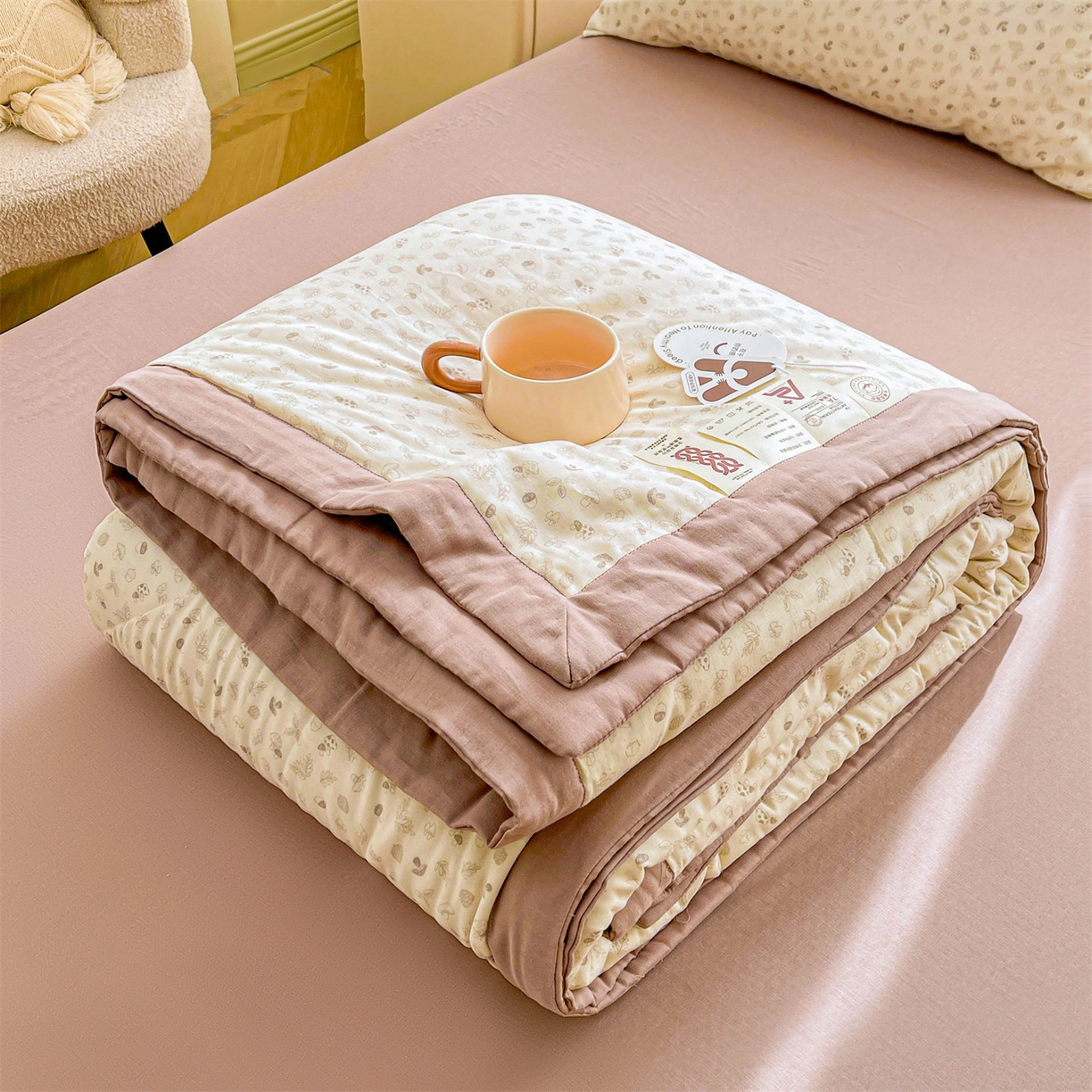 91家纺网 家纺一手货源 找家纺 梵蒂莎 2026新款全棉双层纱夏被四件套100%棉花夏凉被里外纯棉被子被芯（需要买家秀，加微信） 午后榛果