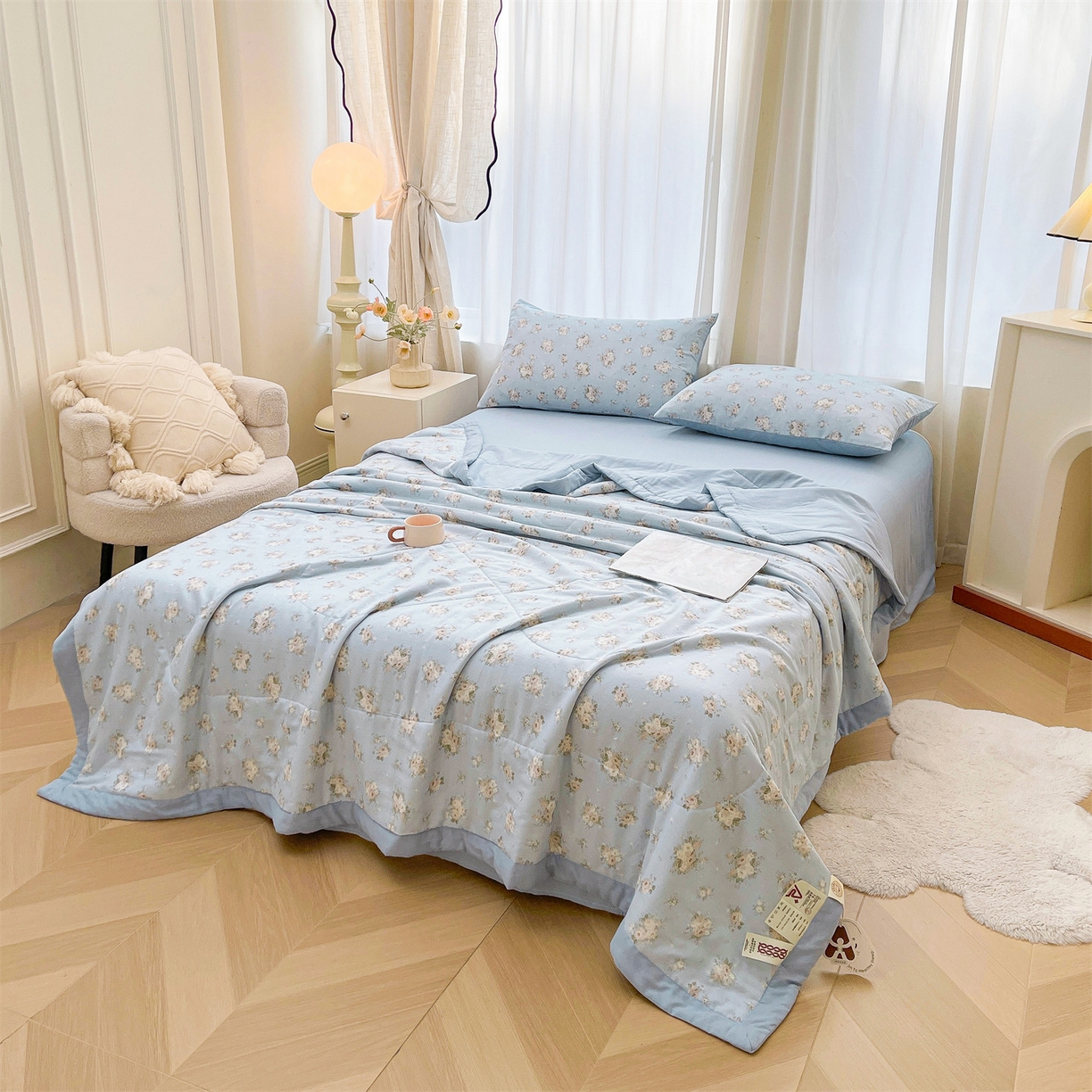 91家纺网 家纺一手货源 找家纺 梵蒂莎 2026新款全棉双层纱夏被四件套100%棉花夏凉被里外纯棉被子被芯（需要买家秀，加微信） 夏日牡丹-蓝