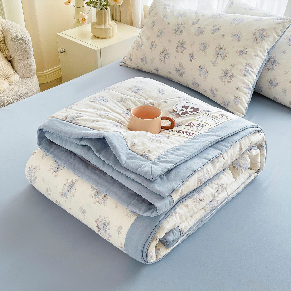 91家纺网 家纺一手货源 找家纺 梵蒂莎 2026新款全棉双层纱夏被四件套100%棉花夏凉被里外纯棉被子被芯（需要买家秀，加微信） 夏日牡丹-米