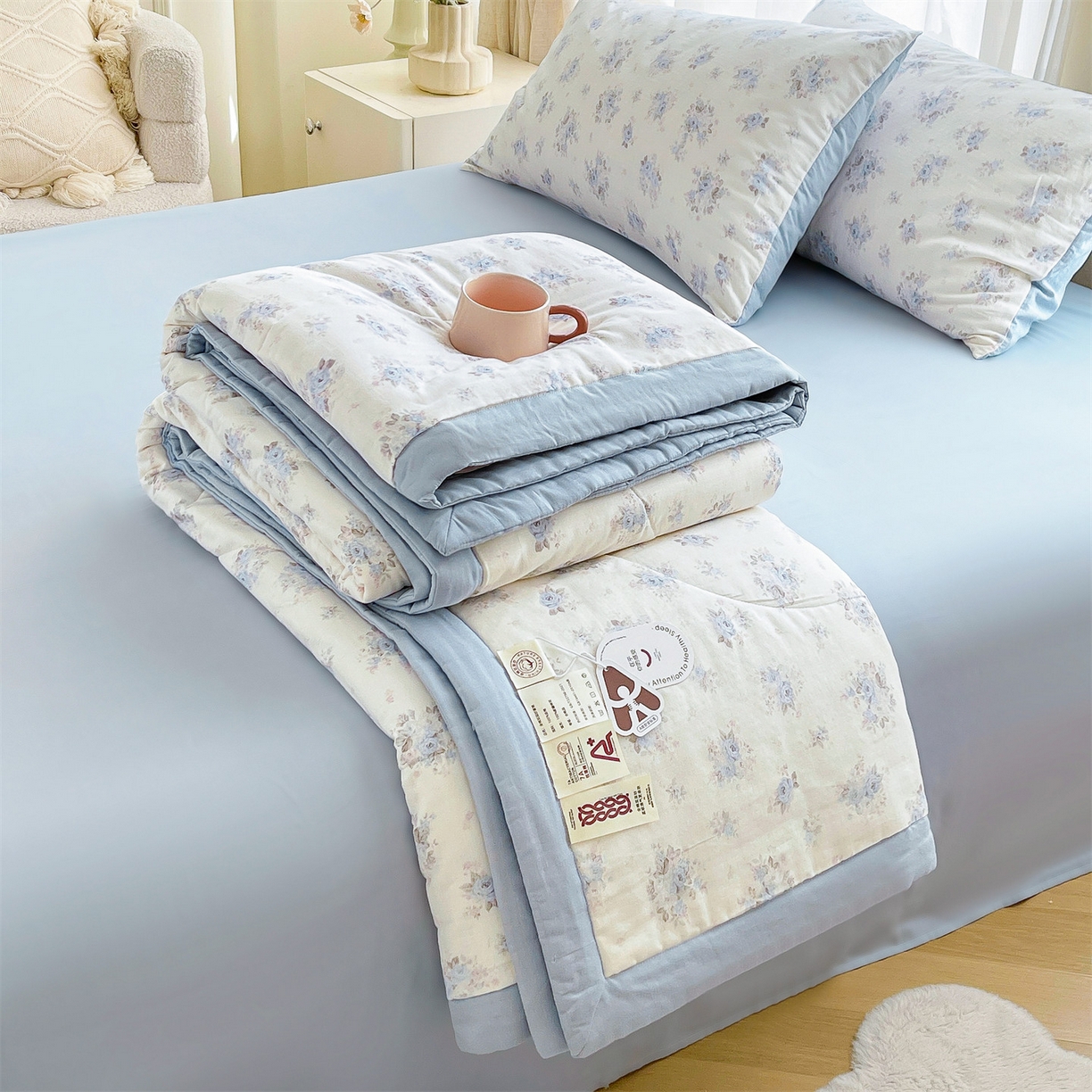 91家纺网 家纺一手货源 找家纺 梵蒂莎 2026新款全棉双层纱夏被四件套100%棉花夏凉被里外纯棉被子被芯（需要买家秀，加微信） 夏日牡丹-米