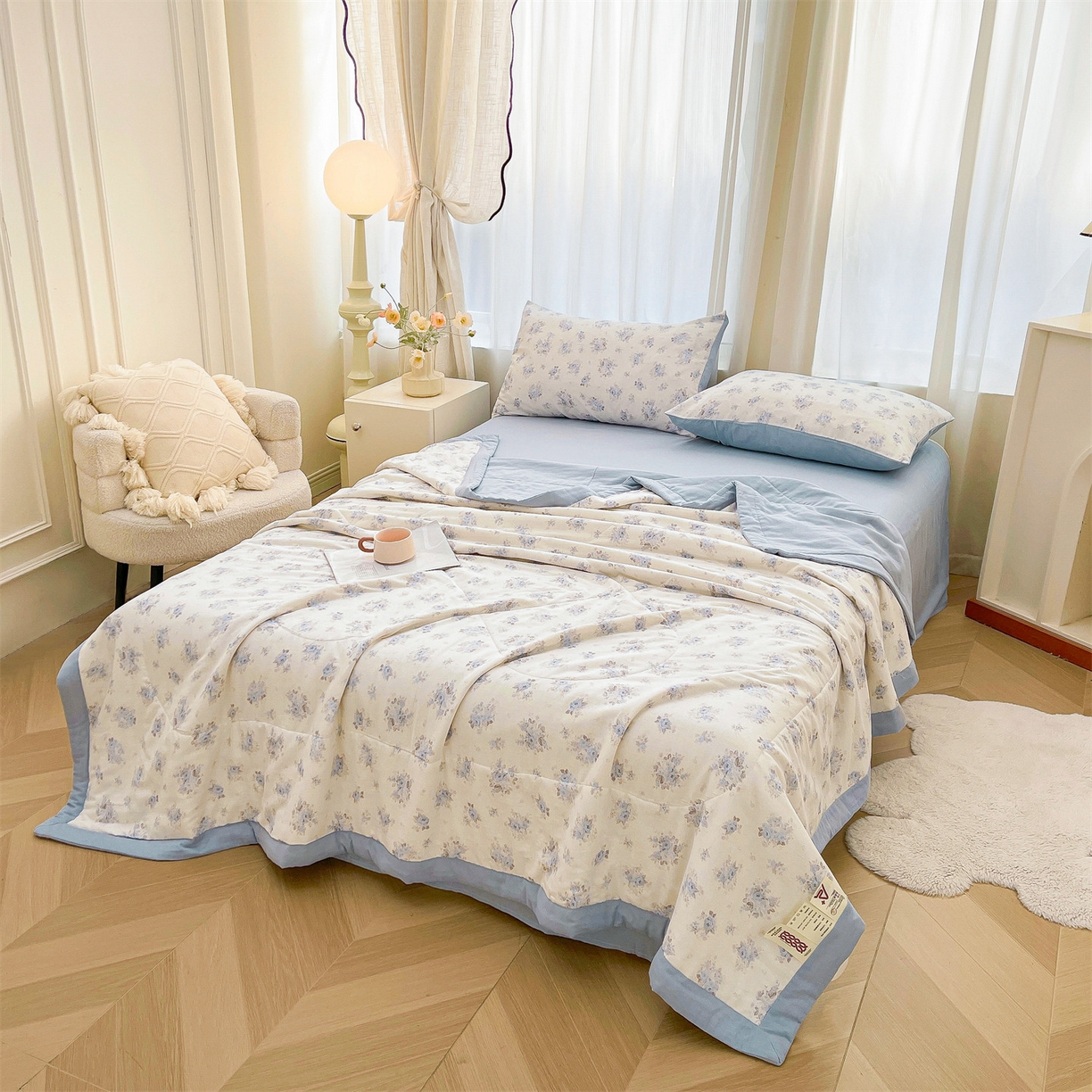 91家纺网 家纺一手货源 找家纺 梵蒂莎 2026新款全棉双层纱夏被四件套100%棉花夏凉被里外纯棉被子被芯（需要买家秀，加微信） 夏日牡丹-米