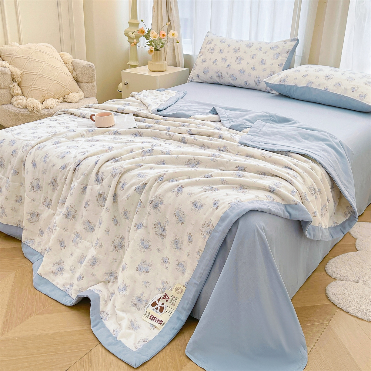 91家纺网 家纺一手货源 找家纺 梵蒂莎 2026新款全棉双层纱夏被四件套100%棉花夏凉被里外纯棉被子被芯（需要买家秀，加微信） 夏日牡丹-米