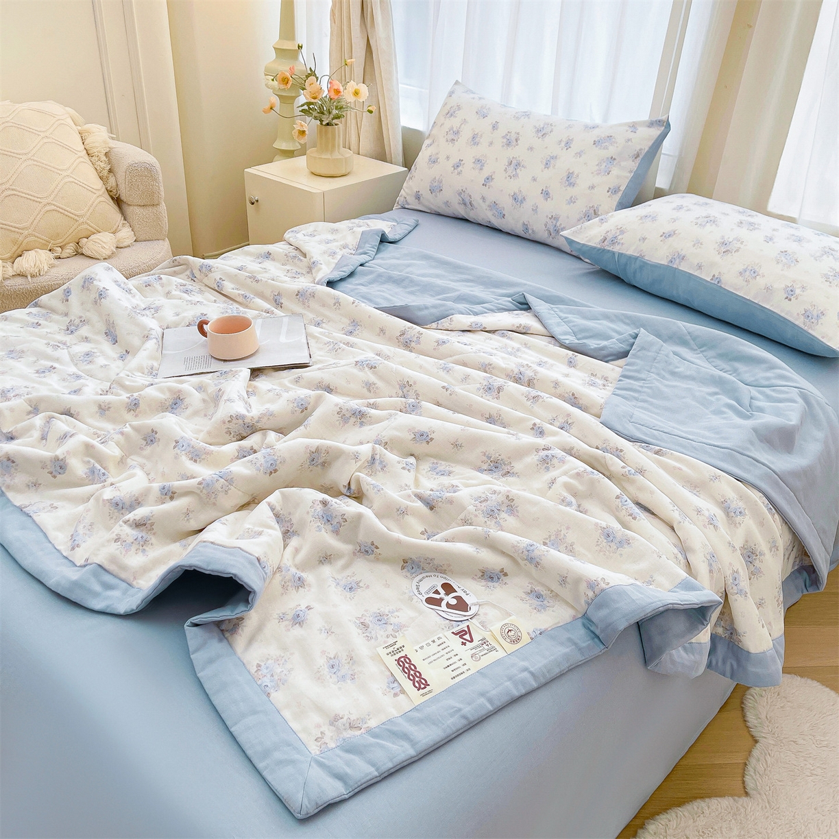 91家纺网 家纺一手货源 找家纺 梵蒂莎 2026新款全棉双层纱夏被四件套100%棉花夏凉被里外纯棉被子被芯（需要买家秀，加微信） 夏日牡丹-米
