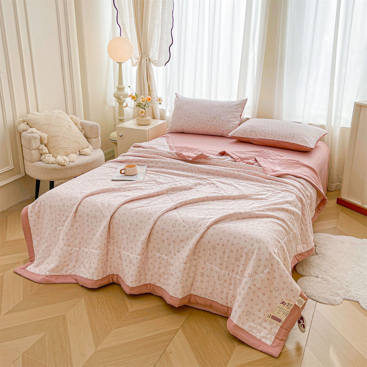 91家纺网 家纺一手货源 找家纺 梵蒂莎 2026新款全棉双层纱夏被四件套100%棉花夏凉被里外纯棉被子被芯（需要买家秀，加微信） 雅蓝缕