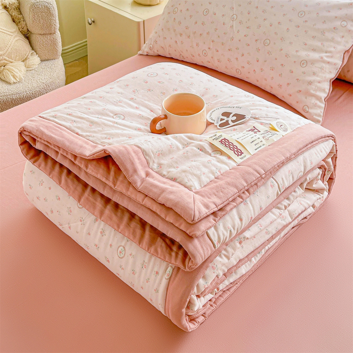 91家纺网 家纺一手货源 找家纺 梵蒂莎 2026新款全棉双层纱夏被四件套100%棉花夏凉被里外纯棉被子被芯（需要买家秀，加微信） 雅蓝缕