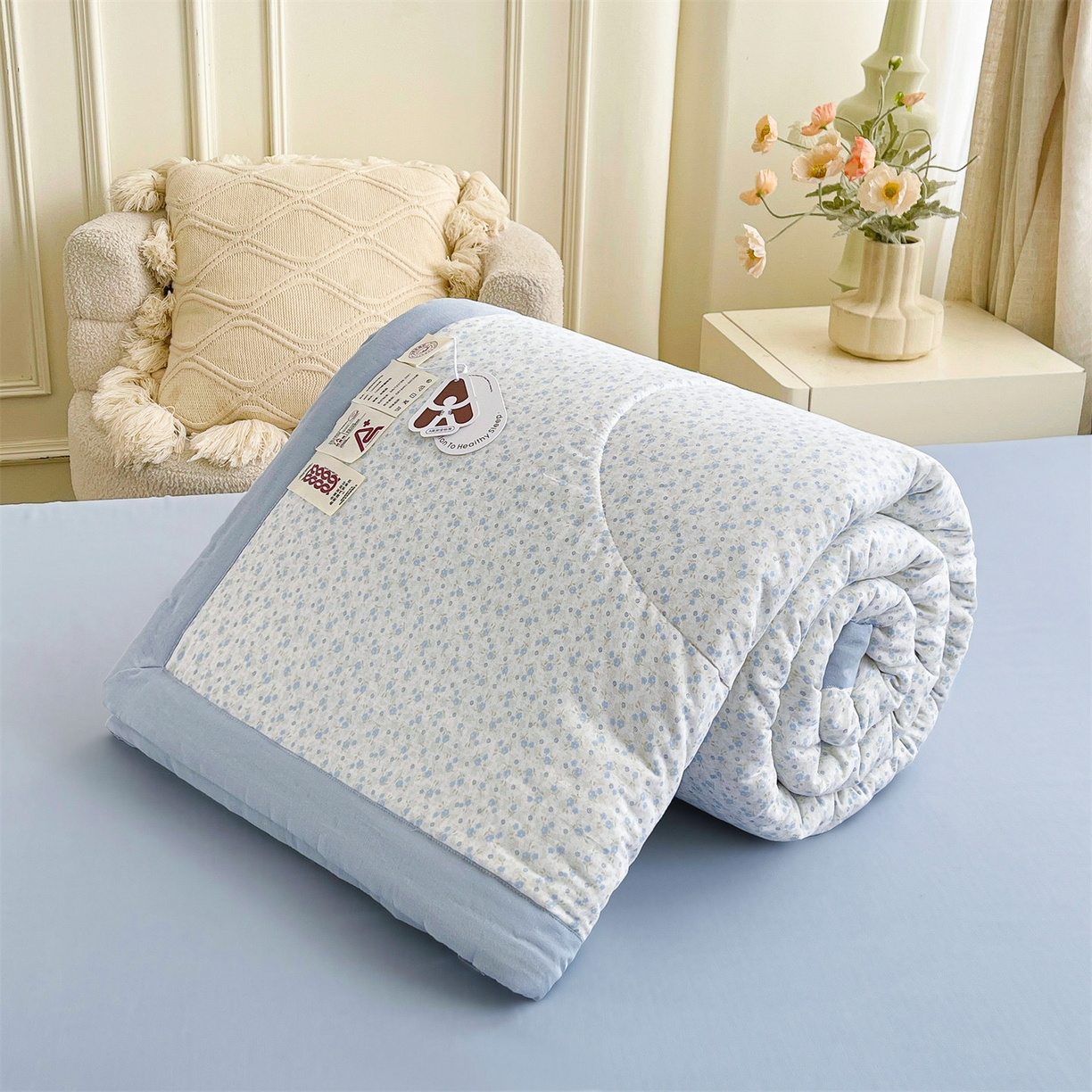 91家纺网 家纺一手货源 找家纺 梵蒂莎 2026新款全棉双层纱夏被四件套100%棉花夏凉被里外纯棉被子被芯（需要买家秀，加微信） 烟花钿-蓝