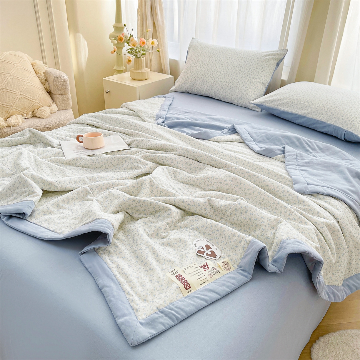 91家纺网 家纺一手货源 找家纺 梵蒂莎 2026新款全棉双层纱夏被四件套100%棉花夏凉被里外纯棉被子被芯（需要买家秀，加微信） 烟花钿-蓝