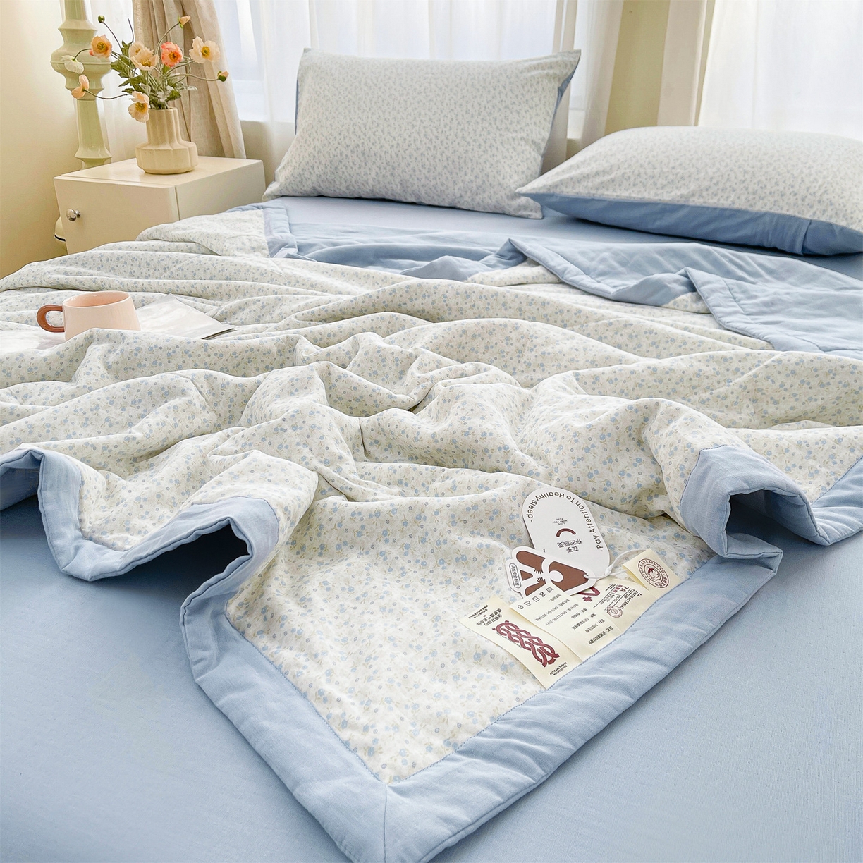 91家纺网 家纺一手货源 找家纺 梵蒂莎 2026新款全棉双层纱夏被四件套100%棉花夏凉被里外纯棉被子被芯（需要买家秀，加微信） 烟花钿-蓝