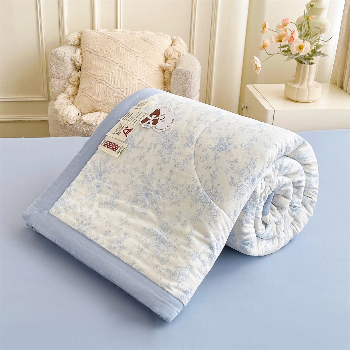 91家纺网 家纺一手货源 找家纺 梵蒂莎 2026新款全棉双层纱夏被四件套100%棉花夏凉被里外纯棉被子被芯（需要买家秀，加微信） 烟霞漫舞-蓝