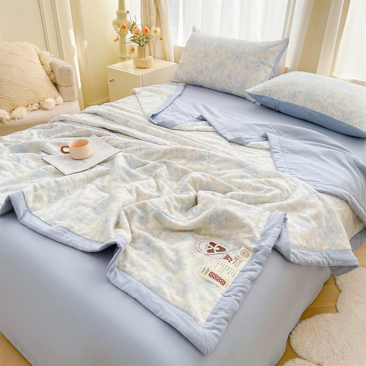 91家纺网 家纺一手货源 找家纺 梵蒂莎 2026新款全棉双层纱夏被四件套100%棉花夏凉被里外纯棉被子被芯（需要买家秀，加微信） 烟霞漫舞-蓝