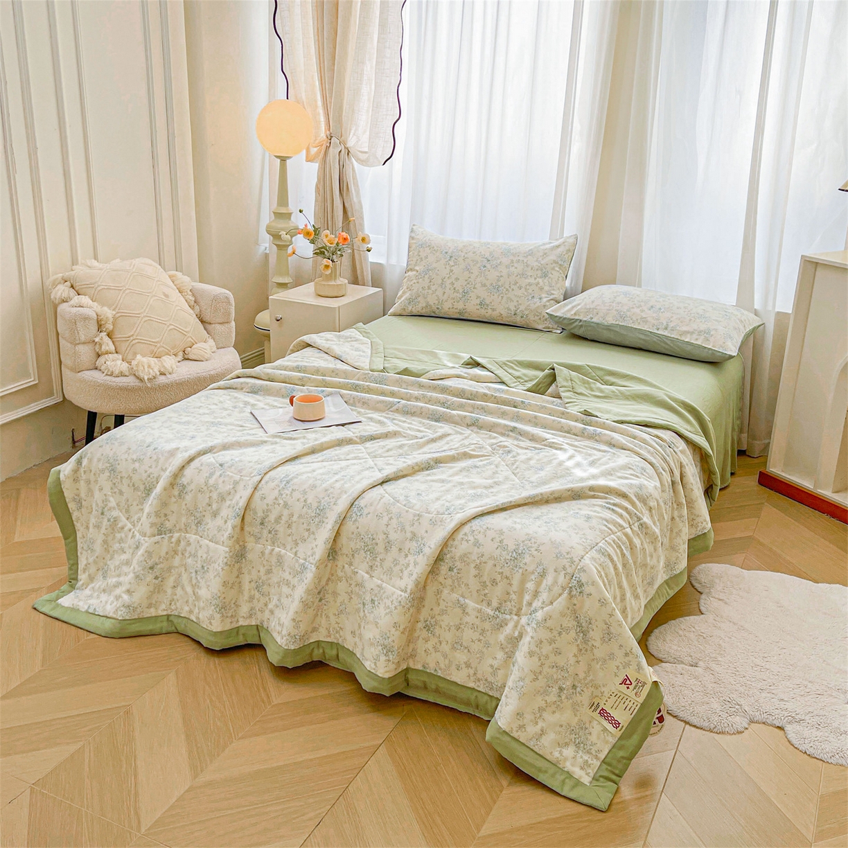 91家纺网 家纺一手货源 找家纺 梵蒂莎 2026新款全棉双层纱夏被四件套100%棉花夏凉被里外纯棉被子被芯（需要买家秀，加微信） 烟霞漫舞-绿