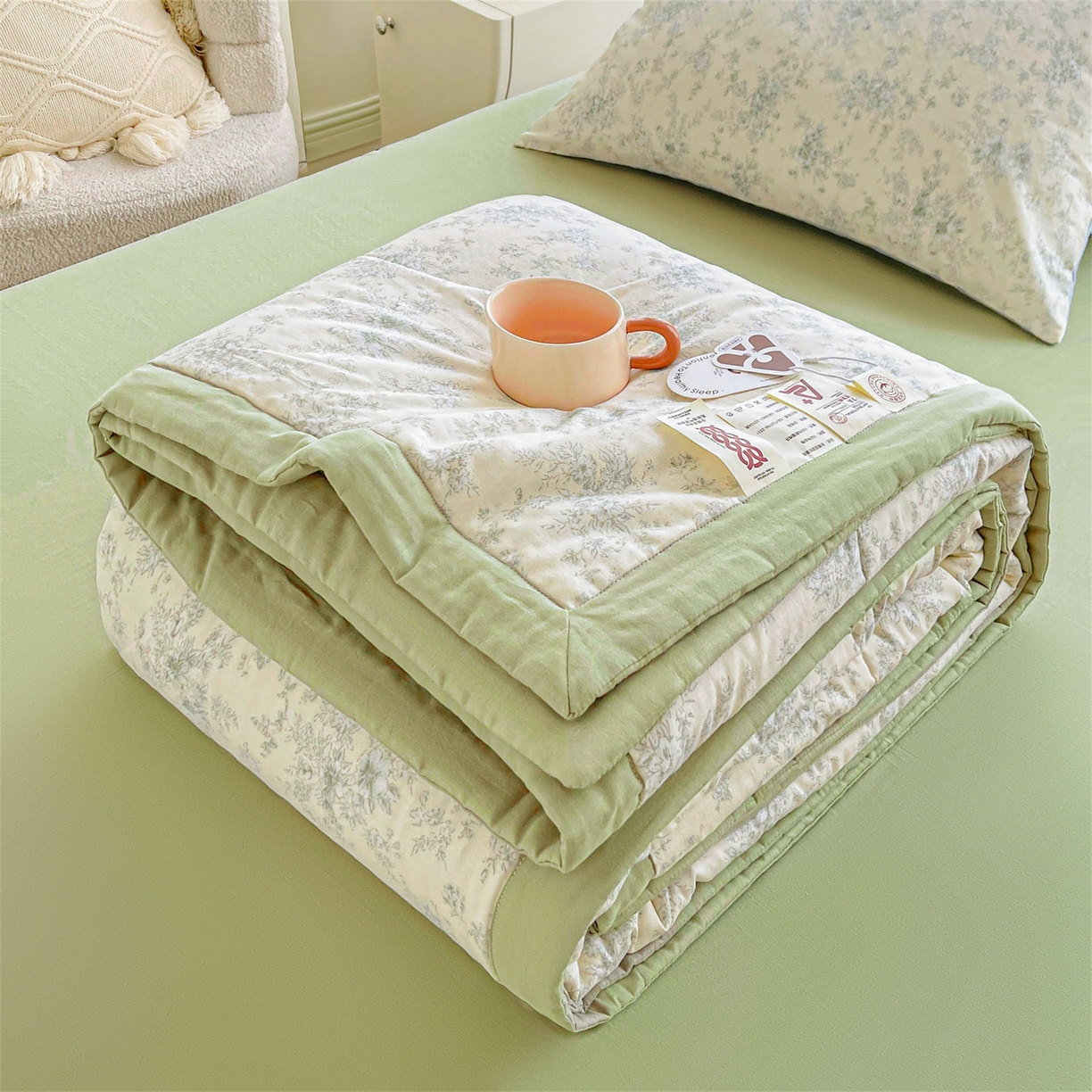 91家纺网 家纺一手货源 找家纺 梵蒂莎 2026新款全棉双层纱夏被四件套100%棉花夏凉被里外纯棉被子被芯（需要买家秀，加微信） 烟霞漫舞-绿