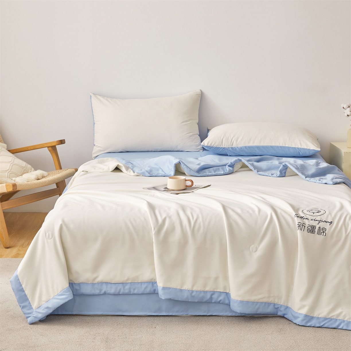 91家纺网 家纺一手货源 找家纺 梵蒂莎 【地板价】2026新品水洗棉新疆棉花夏被纯色夏被格子小清新空调被被子被芯（需要买家秀，加微信） 白蓝-蓝边