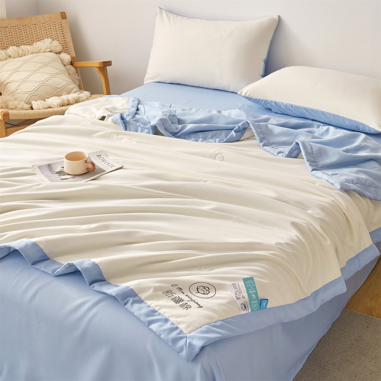 91家纺网 家纺一手货源 找家纺 梵蒂莎 【地板价】2026新品水洗棉新疆棉花夏被纯色夏被格子小清新空调被被子被芯（需要买家秀，加微信） 白蓝-蓝边