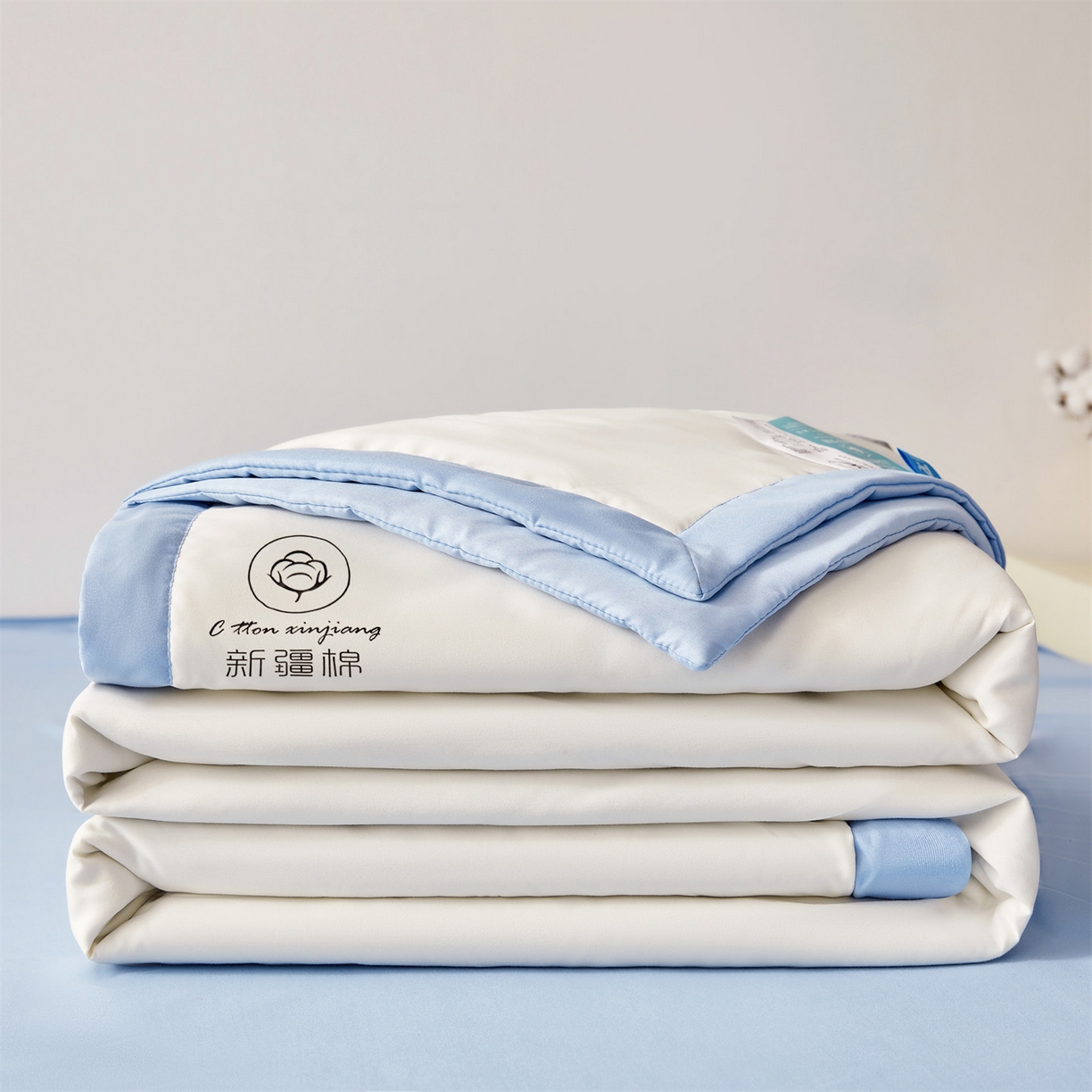 91家纺网 家纺一手货源 找家纺 梵蒂莎 【地板价】2026新品水洗棉新疆棉花夏被纯色夏被格子小清新空调被被子被芯（需要买家秀，加微信） 白蓝-蓝边