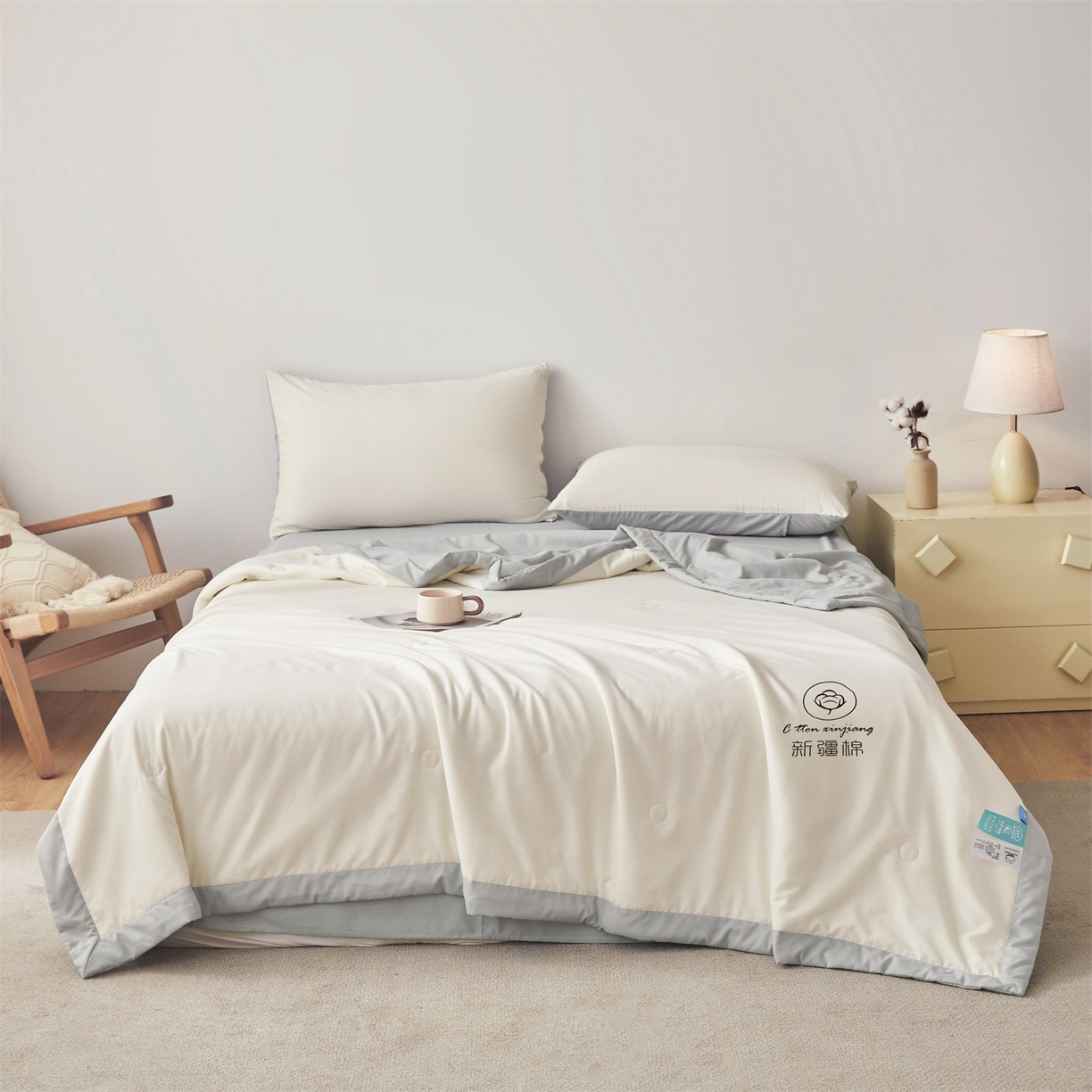 91家纺网 家纺一手货源 找家纺 梵蒂莎 【地板价】2026新品水洗棉新疆棉花夏被纯色夏被格子小清新空调被被子被芯（需要买家秀，加微信） 白灰-灰边