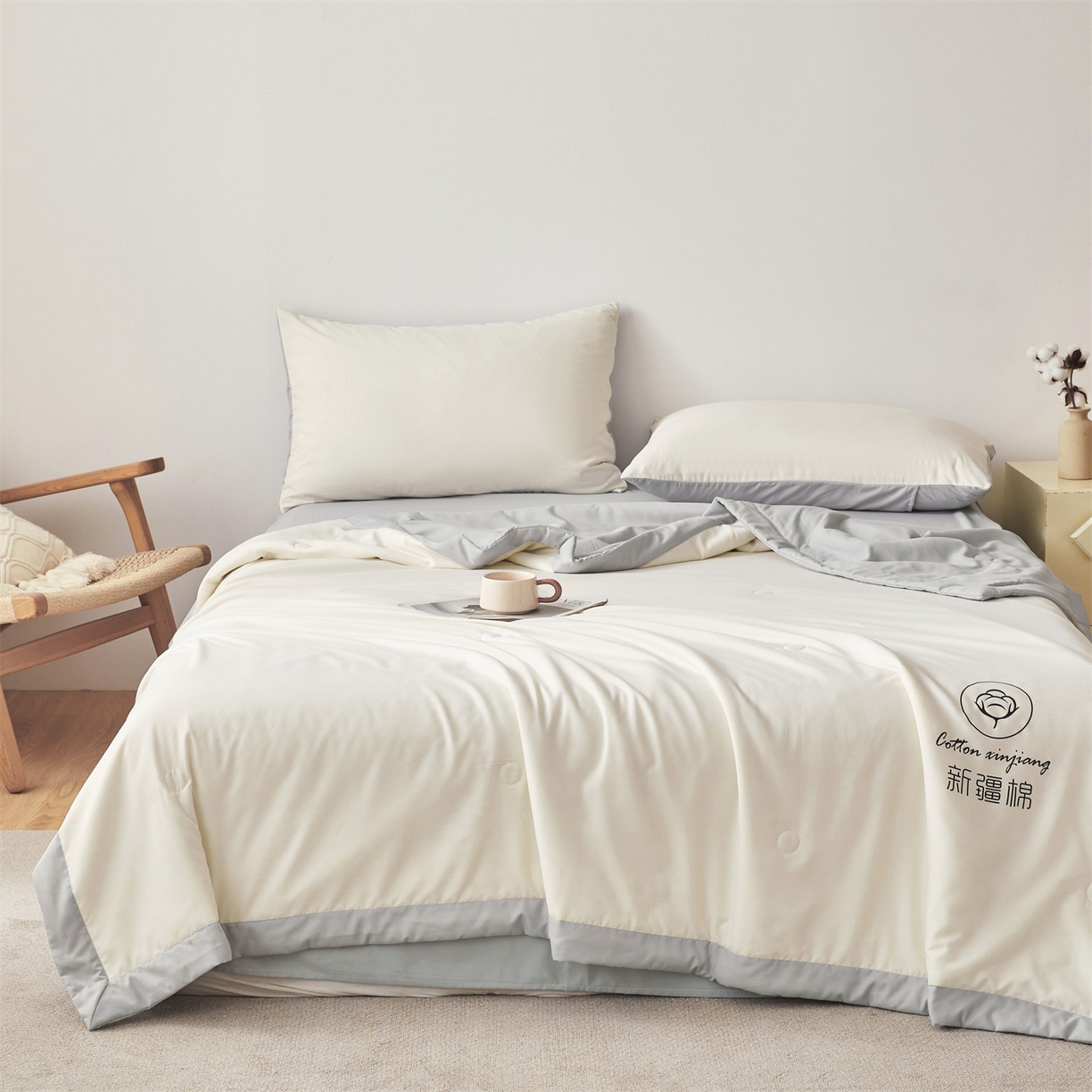 91家纺网 家纺一手货源 找家纺 梵蒂莎 【地板价】2026新品水洗棉新疆棉花夏被纯色夏被格子小清新空调被被子被芯（需要买家秀，加微信） 白灰-灰边