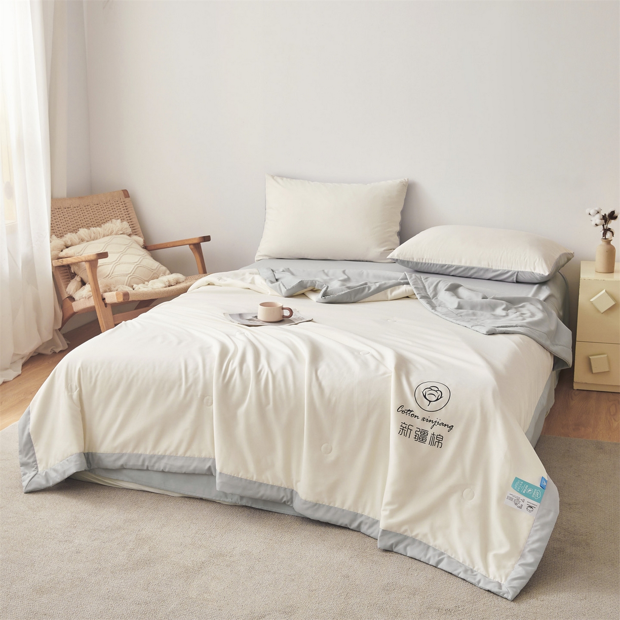 91家纺网 家纺一手货源 找家纺 梵蒂莎 【地板价】2026新品水洗棉新疆棉花夏被纯色夏被格子小清新空调被被子被芯（需要买家秀，加微信） 白灰-灰边