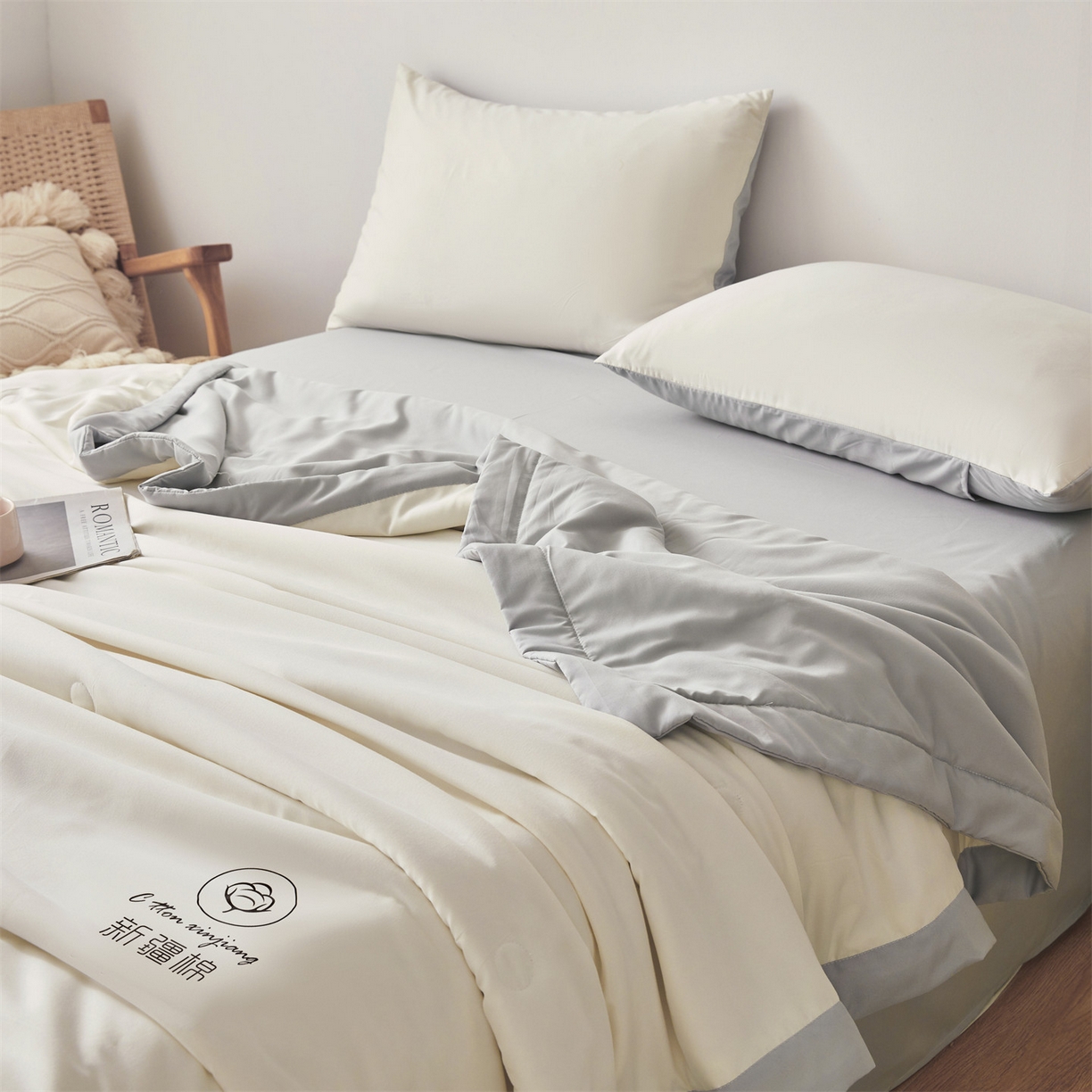 91家纺网 家纺一手货源 找家纺 梵蒂莎 【地板价】2026新品水洗棉新疆棉花夏被纯色夏被格子小清新空调被被子被芯（需要买家秀，加微信） 白灰-灰边