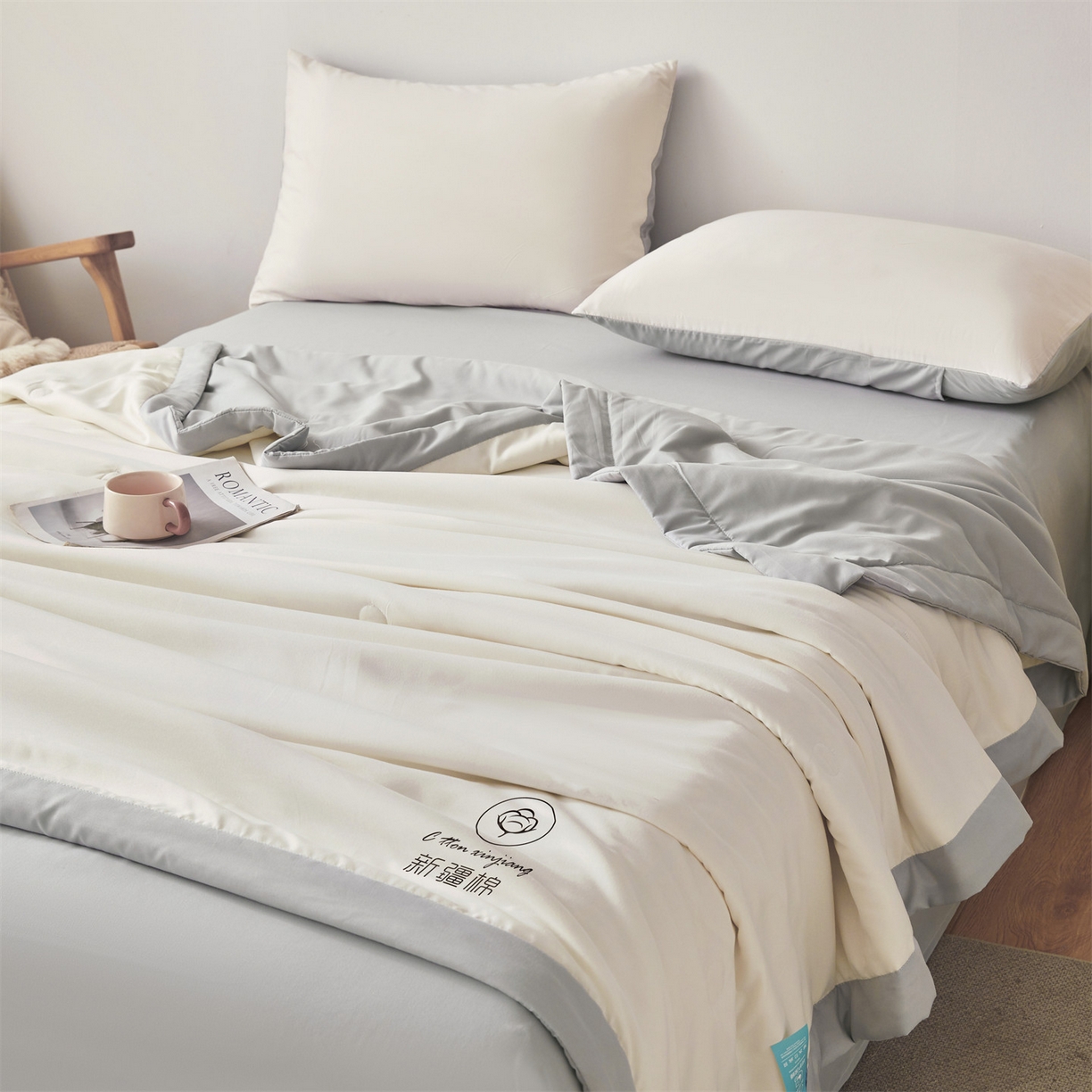 91家纺网 家纺一手货源 找家纺 梵蒂莎 【地板价】2026新品水洗棉新疆棉花夏被纯色夏被格子小清新空调被被子被芯（需要买家秀，加微信） 白灰-灰边