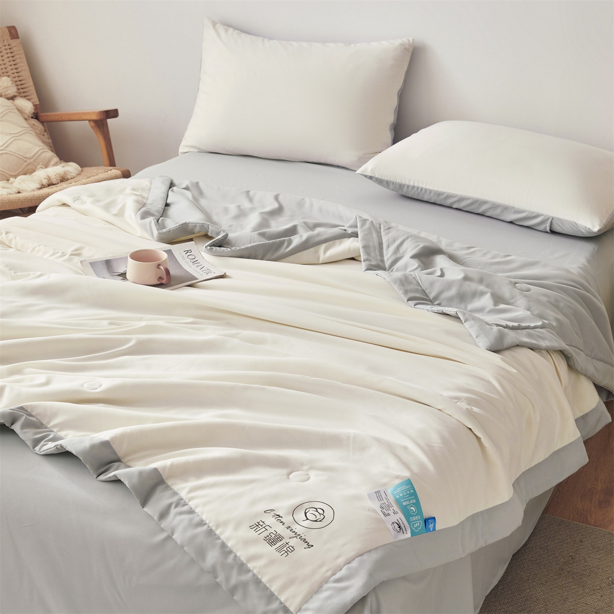 91家纺网 家纺一手货源 找家纺 梵蒂莎 【地板价】2026新品水洗棉新疆棉花夏被纯色夏被格子小清新空调被被子被芯（需要买家秀，加微信） 白灰-灰边