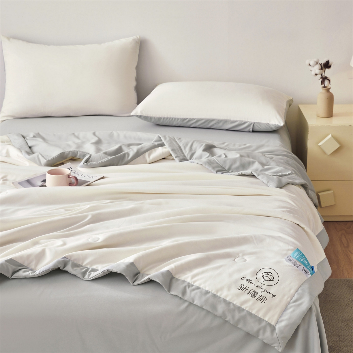 91家纺网 家纺一手货源 找家纺 梵蒂莎 【地板价】2026新品水洗棉新疆棉花夏被纯色夏被格子小清新空调被被子被芯（需要买家秀，加微信） 白灰-灰边