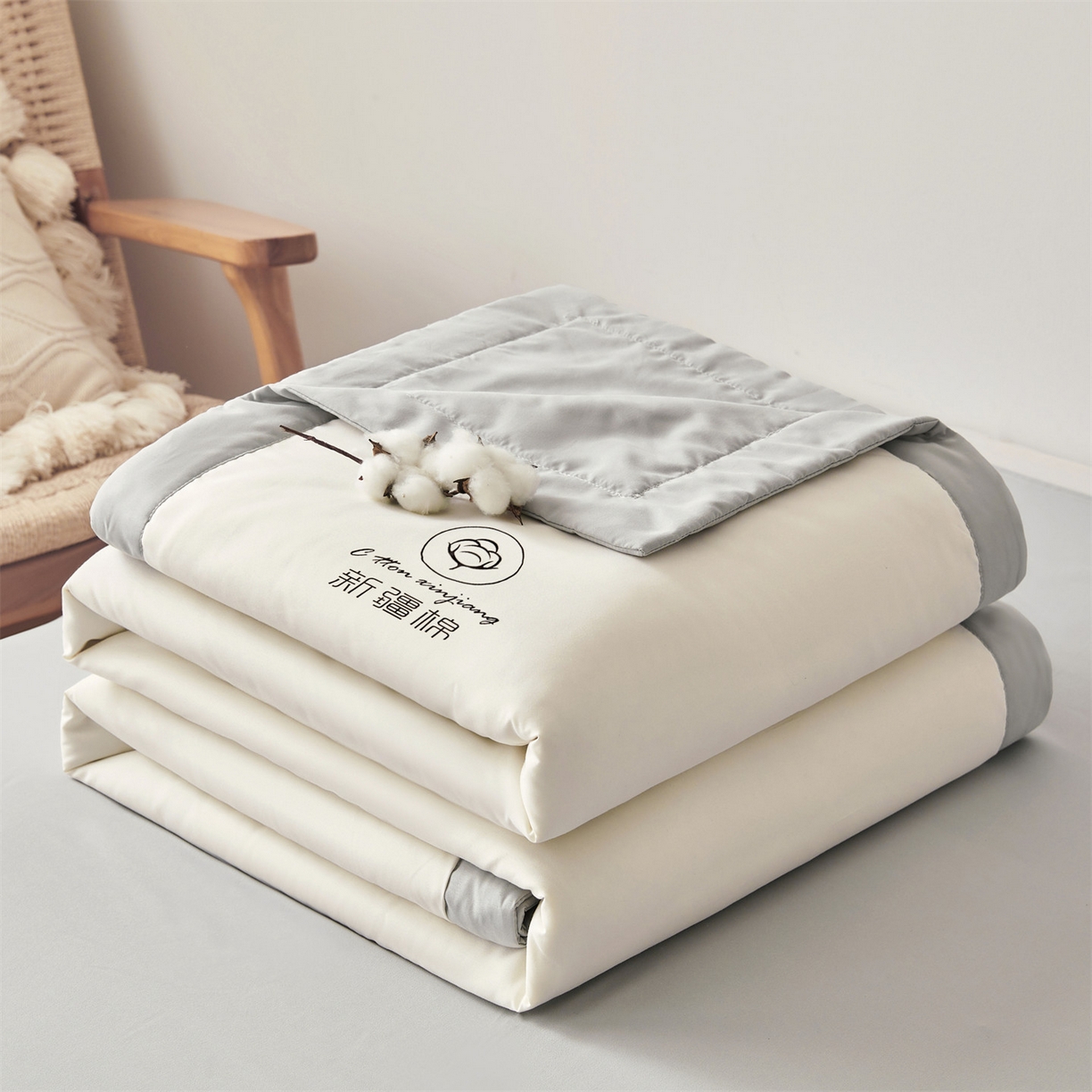 91家纺网 家纺一手货源 找家纺 梵蒂莎 【地板价】2026新品水洗棉新疆棉花夏被纯色夏被格子小清新空调被被子被芯（需要买家秀，加微信） 白灰-灰边