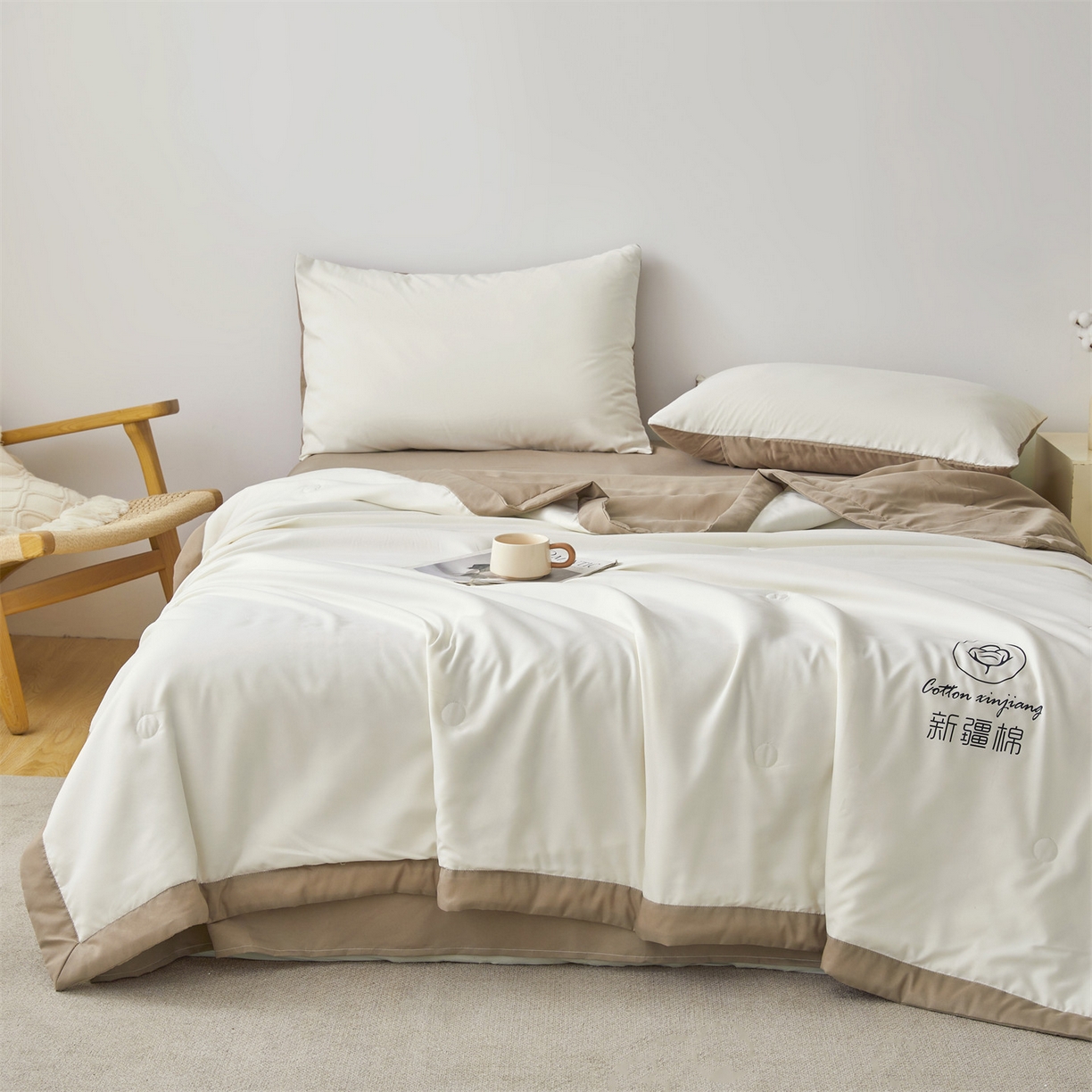 91家纺网 家纺一手货源 找家纺 梵蒂莎 【地板价】2026新品水洗棉新疆棉花夏被纯色夏被格子小清新空调被被子被芯（需要买家秀，加微信） 白咖-咖边