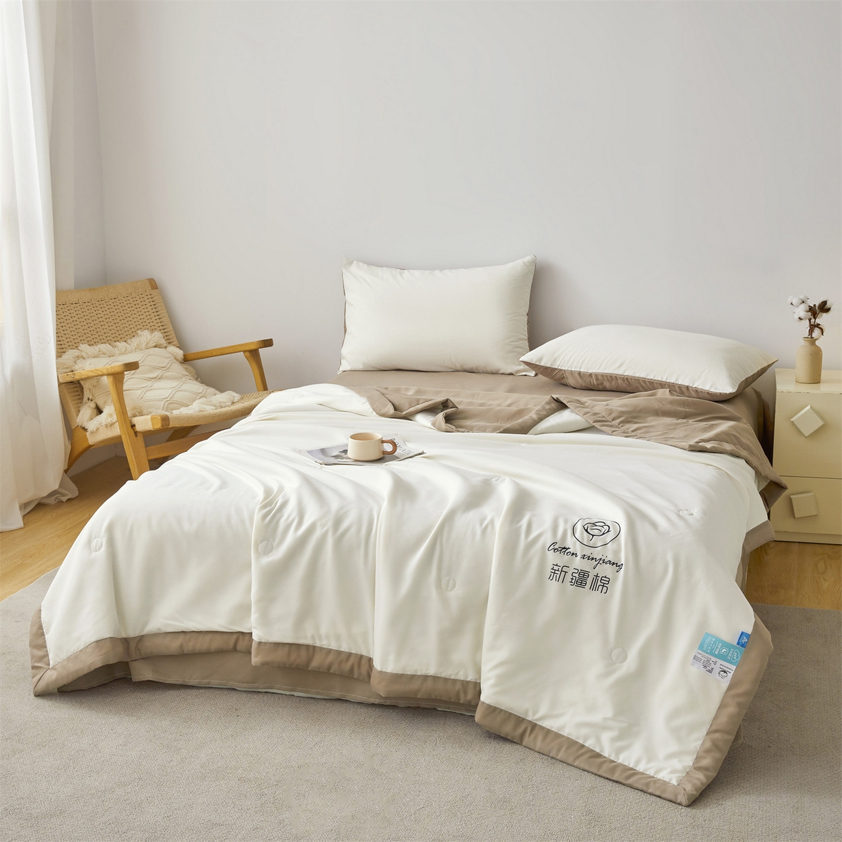 91家纺网 家纺一手货源 找家纺 梵蒂莎 【地板价】2026新品水洗棉新疆棉花夏被纯色夏被格子小清新空调被被子被芯（需要买家秀，加微信） 白咖-咖边