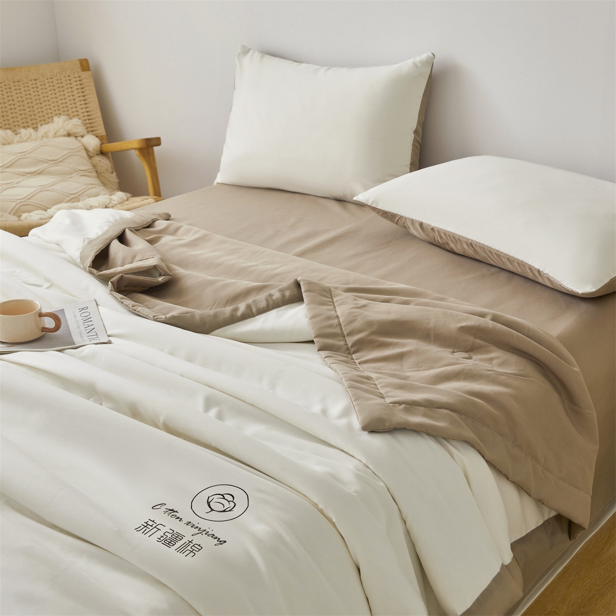 91家纺网 家纺一手货源 找家纺 梵蒂莎 【地板价】2026新品水洗棉新疆棉花夏被纯色夏被格子小清新空调被被子被芯（需要买家秀，加微信） 白咖-咖边