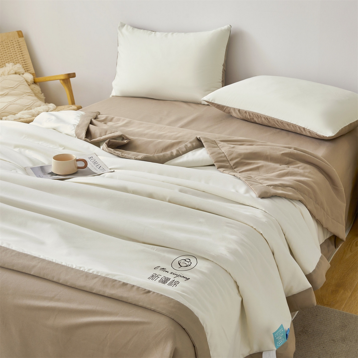 91家纺网 家纺一手货源 找家纺 梵蒂莎 【地板价】2026新品水洗棉新疆棉花夏被纯色夏被格子小清新空调被被子被芯（需要买家秀，加微信） 白咖-咖边