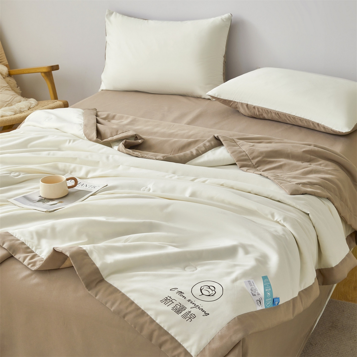 91家纺网 家纺一手货源 找家纺 梵蒂莎 【地板价】2026新品水洗棉新疆棉花夏被纯色夏被格子小清新空调被被子被芯（需要买家秀，加微信） 白咖-咖边