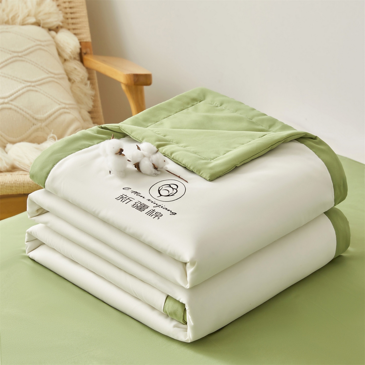 91家纺网 家纺一手货源 找家纺 梵蒂莎 【地板价】2026新品水洗棉新疆棉花夏被纯色夏被格子小清新空调被被子被芯（需要买家秀，加微信） 白绿-绿边