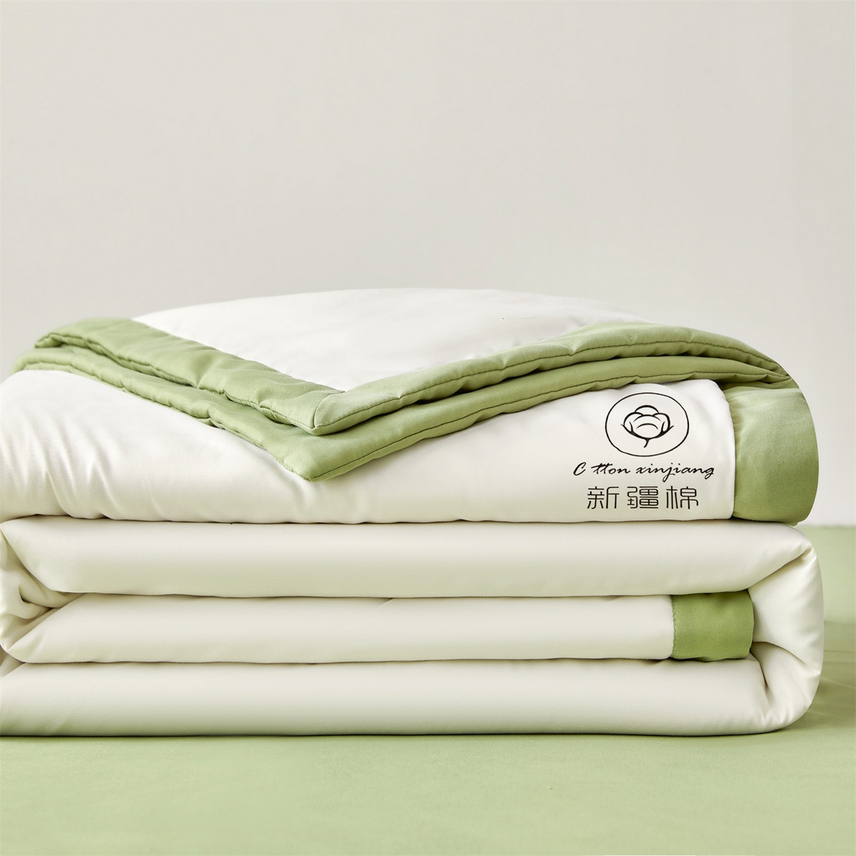 91家纺网 家纺一手货源 找家纺 梵蒂莎 【地板价】2026新品水洗棉新疆棉花夏被纯色夏被格子小清新空调被被子被芯（需要买家秀，加微信） 白绿-绿边