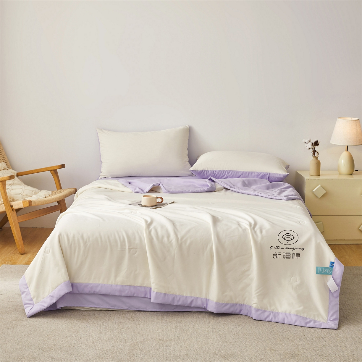 91家纺网 家纺一手货源 找家纺 梵蒂莎 【地板价】2026新品水洗棉新疆棉花夏被纯色夏被格子小清新空调被被子被芯（需要买家秀，加微信） 白紫-紫边