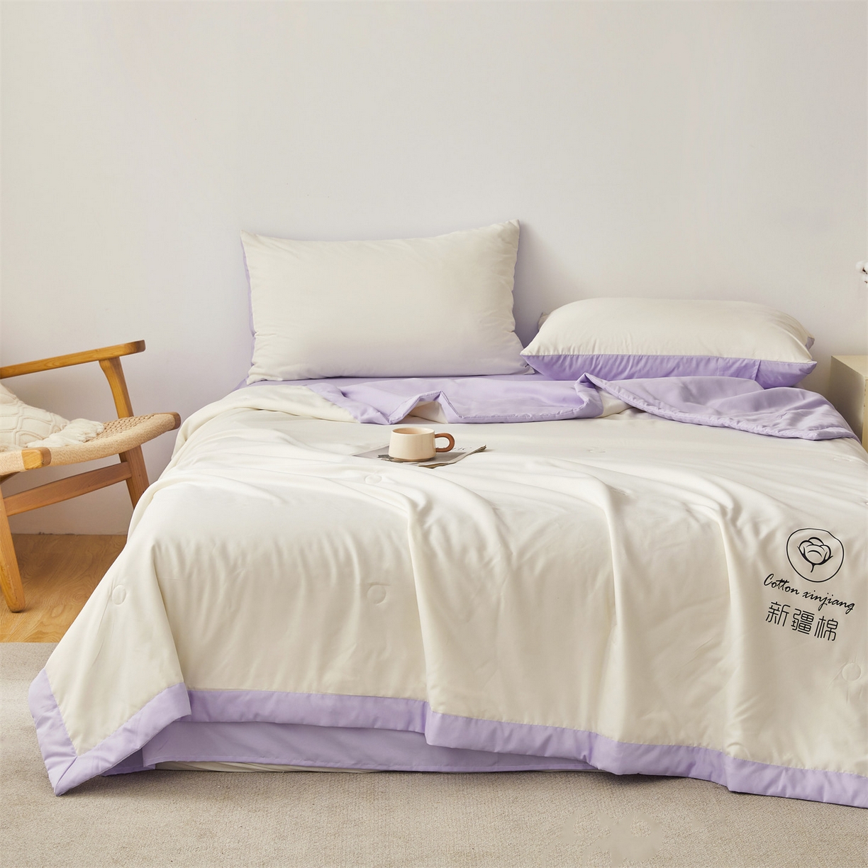 91家纺网 家纺一手货源 找家纺 梵蒂莎 【地板价】2026新品水洗棉新疆棉花夏被纯色夏被格子小清新空调被被子被芯（需要买家秀，加微信） 白紫-紫边