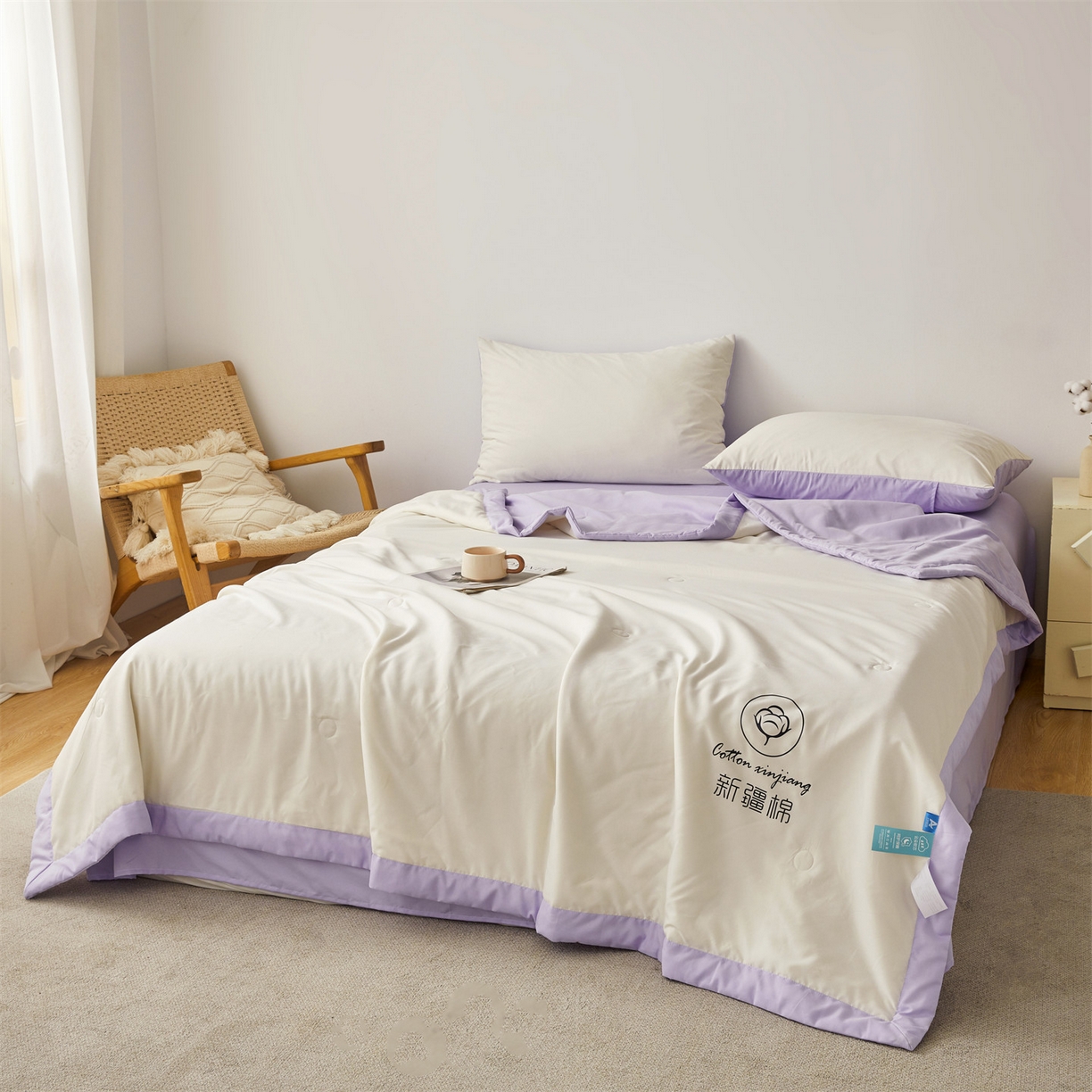 91家纺网 家纺一手货源 找家纺 梵蒂莎 【地板价】2026新品水洗棉新疆棉花夏被纯色夏被格子小清新空调被被子被芯（需要买家秀，加微信） 白紫-紫边