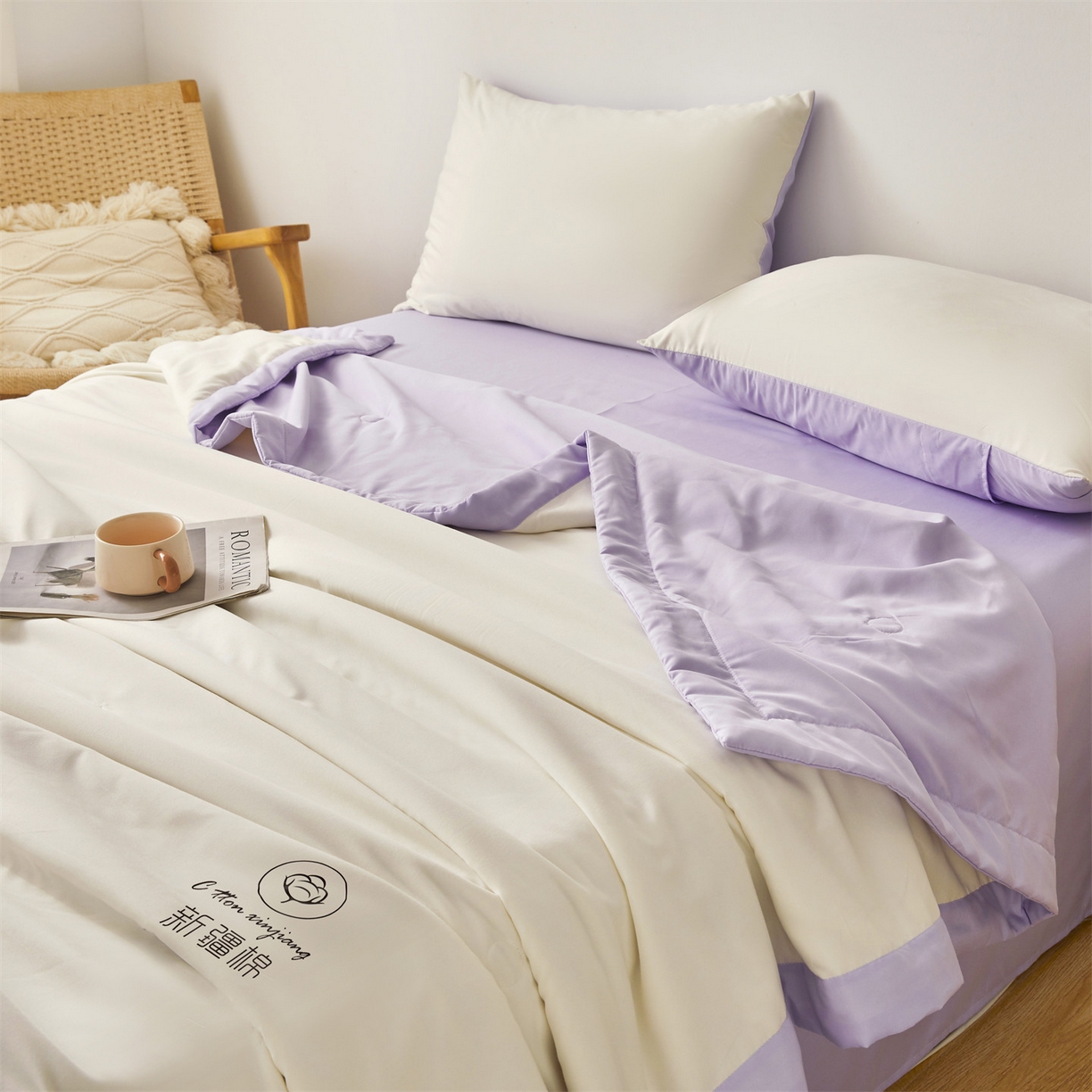 91家纺网 家纺一手货源 找家纺 梵蒂莎 【地板价】2026新品水洗棉新疆棉花夏被纯色夏被格子小清新空调被被子被芯（需要买家秀，加微信） 白紫-紫边