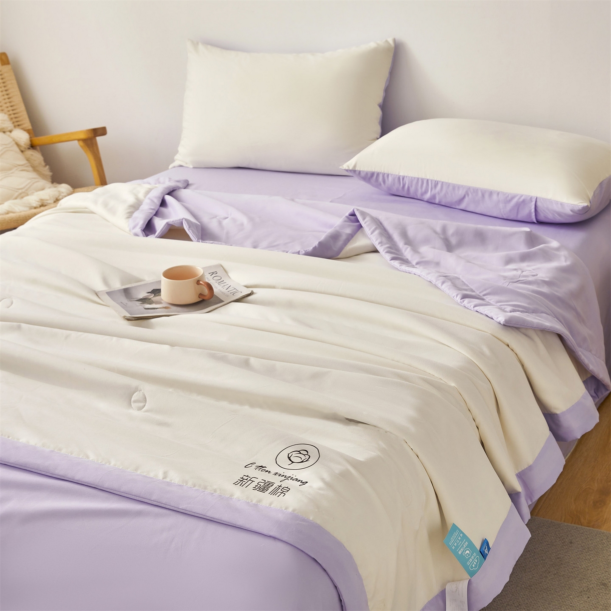 91家纺网 家纺一手货源 找家纺 梵蒂莎 【地板价】2026新品水洗棉新疆棉花夏被纯色夏被格子小清新空调被被子被芯（需要买家秀，加微信） 白紫-紫边