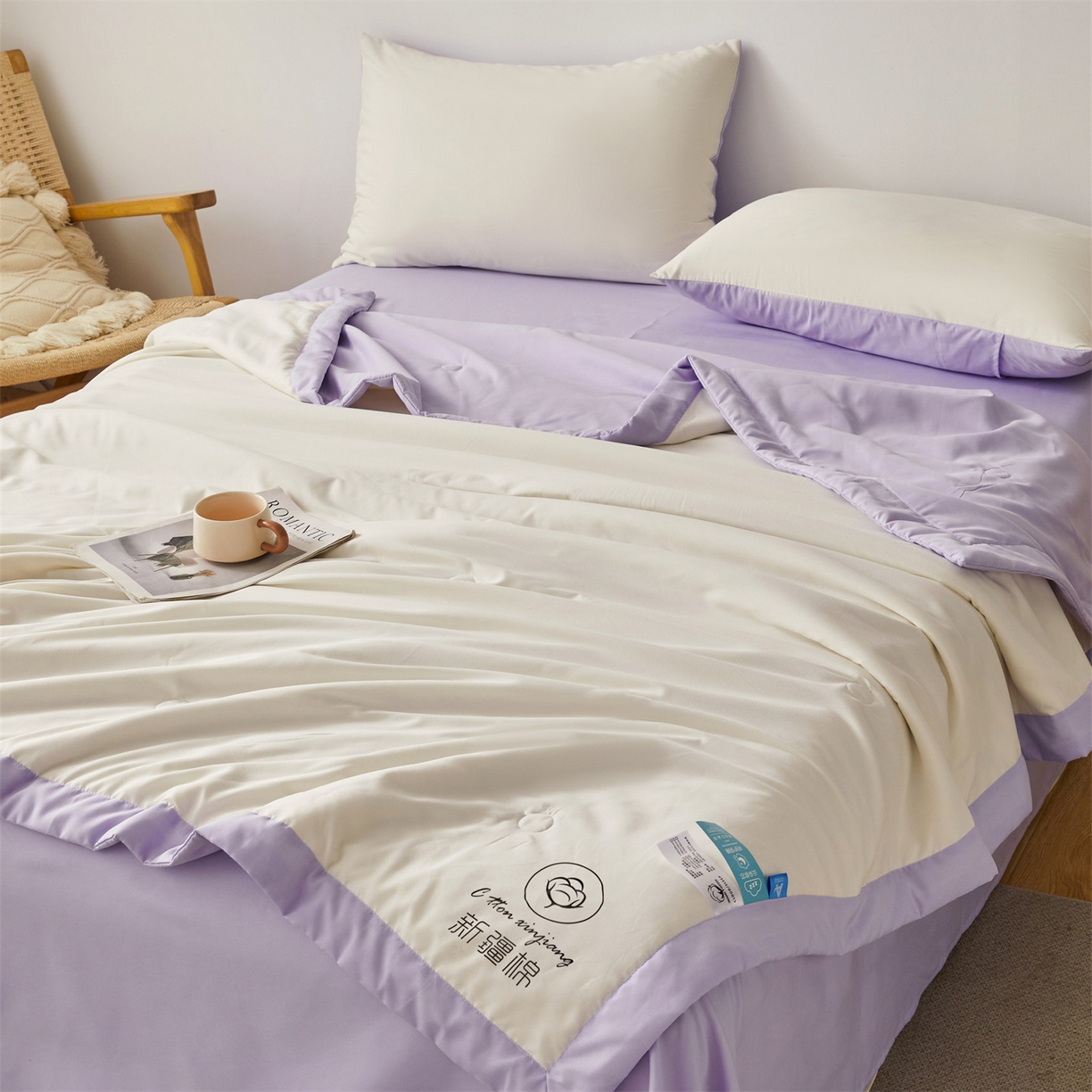 91家纺网 家纺一手货源 找家纺 梵蒂莎 【地板价】2026新品水洗棉新疆棉花夏被纯色夏被格子小清新空调被被子被芯（需要买家秀，加微信） 白紫-紫边