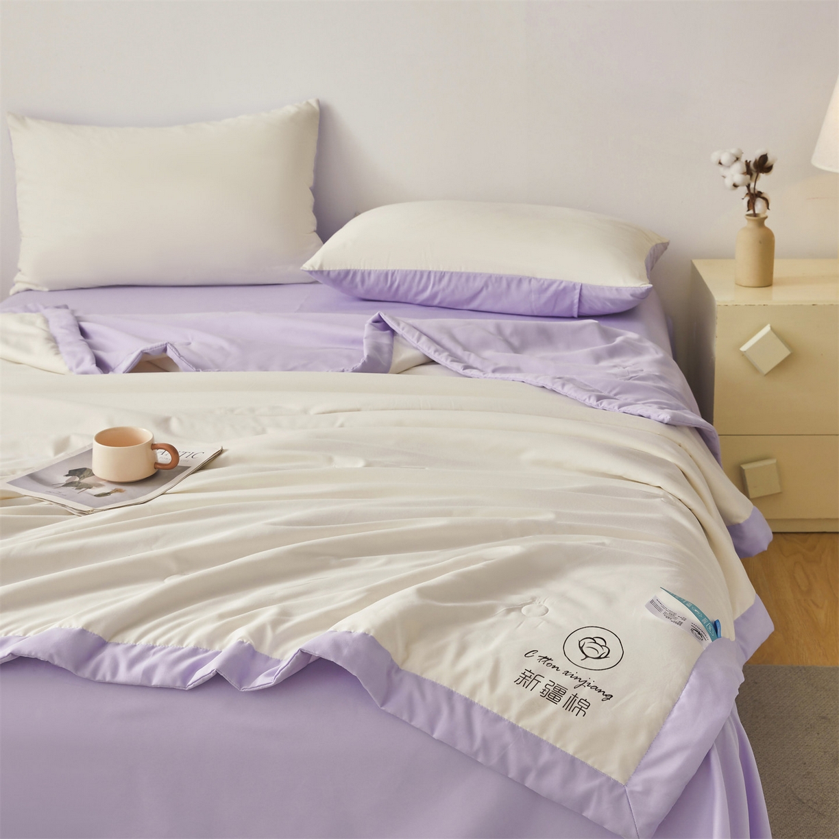 91家纺网 家纺一手货源 找家纺 梵蒂莎 【地板价】2026新品水洗棉新疆棉花夏被纯色夏被格子小清新空调被被子被芯（需要买家秀，加微信） 白紫-紫边