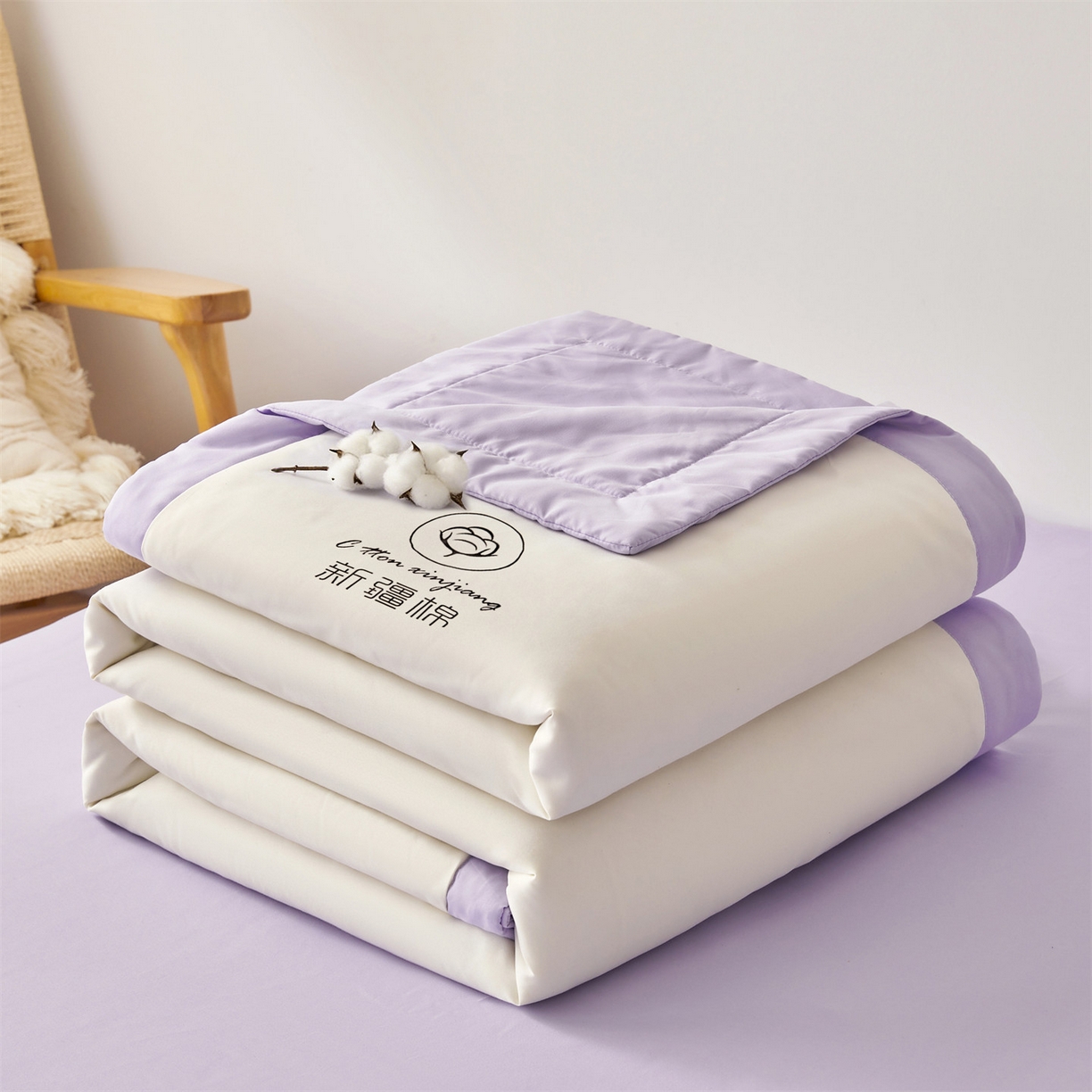 91家纺网 家纺一手货源 找家纺 梵蒂莎 【地板价】2026新品水洗棉新疆棉花夏被纯色夏被格子小清新空调被被子被芯（需要买家秀，加微信） 白紫-紫边