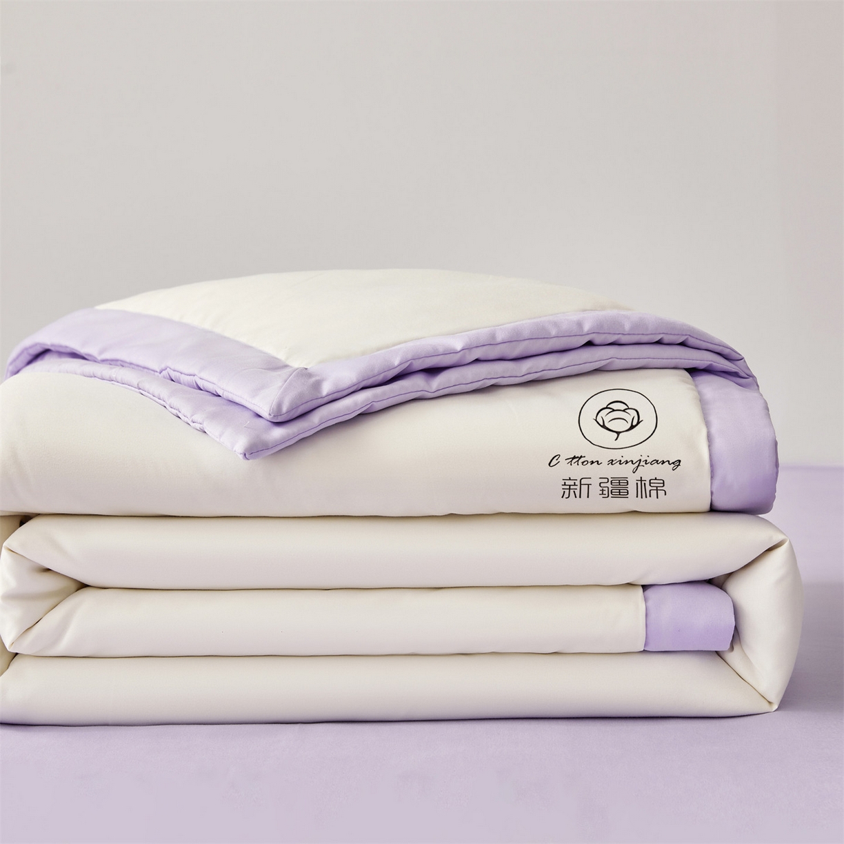 91家纺网 家纺一手货源 找家纺 梵蒂莎 【地板价】2026新品水洗棉新疆棉花夏被纯色夏被格子小清新空调被被子被芯（需要买家秀，加微信） 白紫-紫边