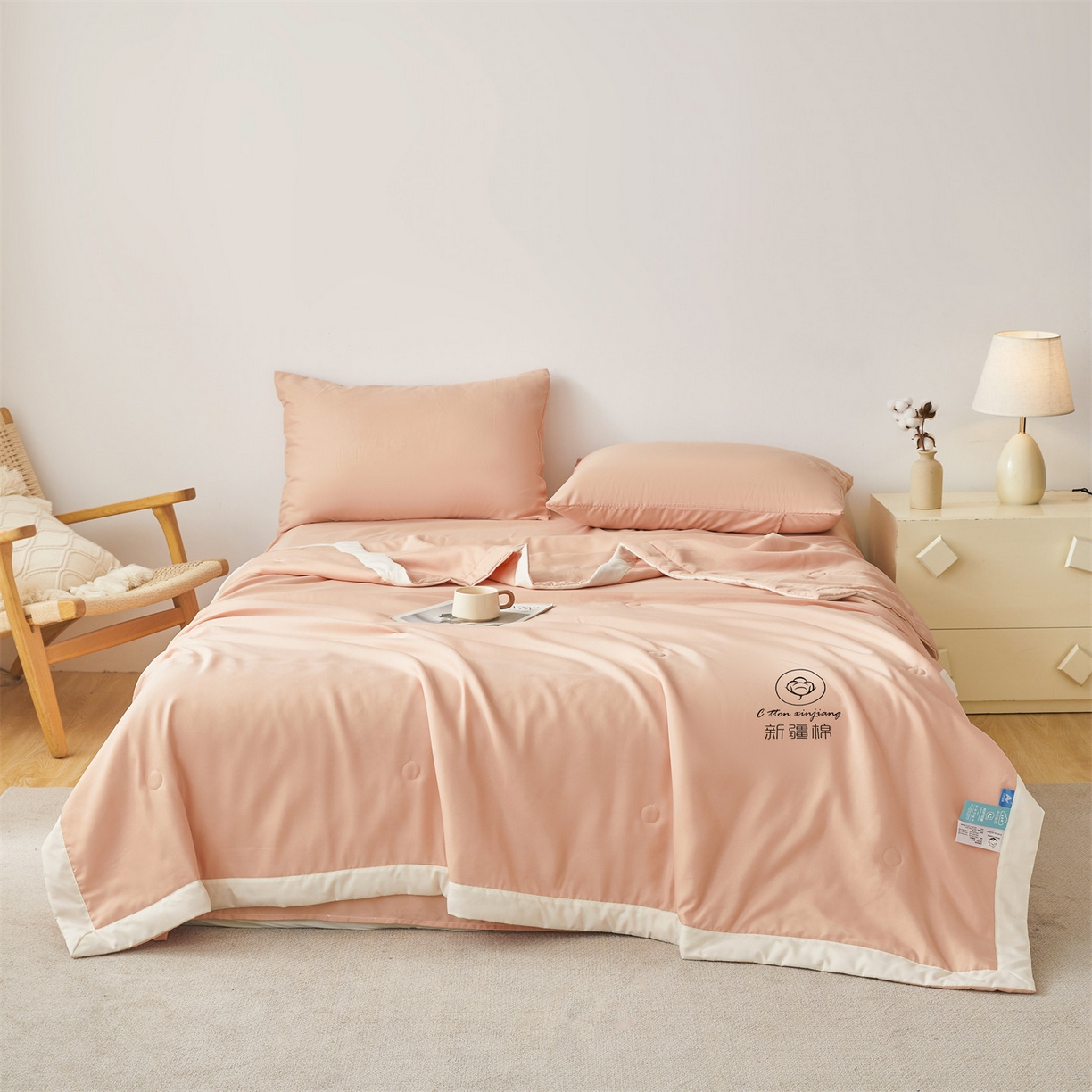 91家纺网 家纺一手货源 找家纺 梵蒂莎 【地板价】2026新品水洗棉新疆棉花夏被纯色夏被格子小清新空调被被子被芯（需要买家秀，加微信） 粉玉-白边