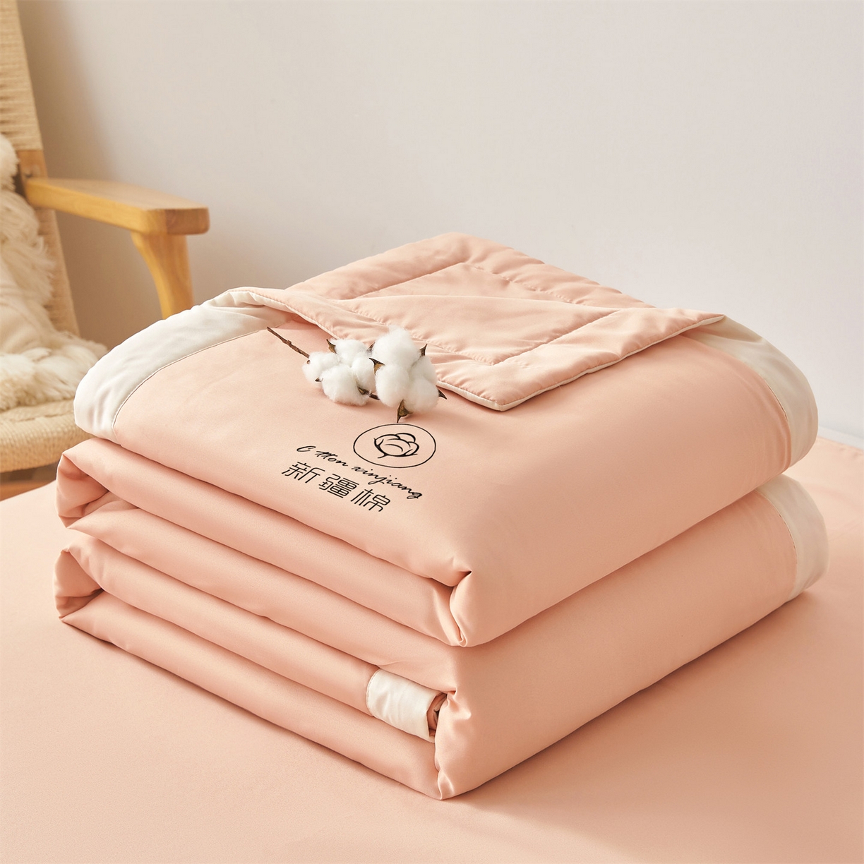 91家纺网 家纺一手货源 找家纺 梵蒂莎 【地板价】2026新品水洗棉新疆棉花夏被纯色夏被格子小清新空调被被子被芯（需要买家秀，加微信） 粉玉-白边