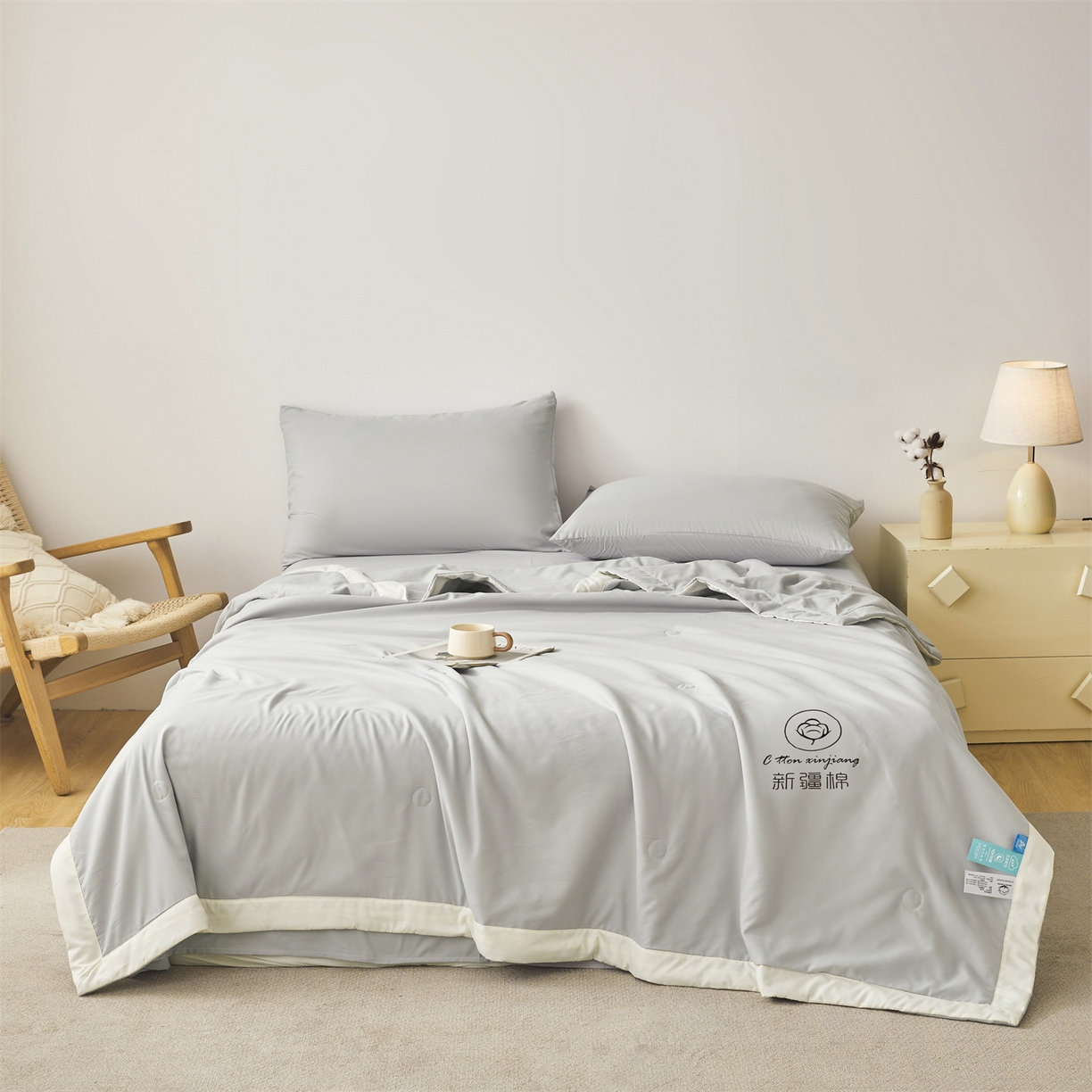 91家纺网 家纺一手货源 找家纺 梵蒂莎 【地板价】2026新品水洗棉新疆棉花夏被纯色夏被格子小清新空调被被子被芯（需要买家秀，加微信） 灰色-白边